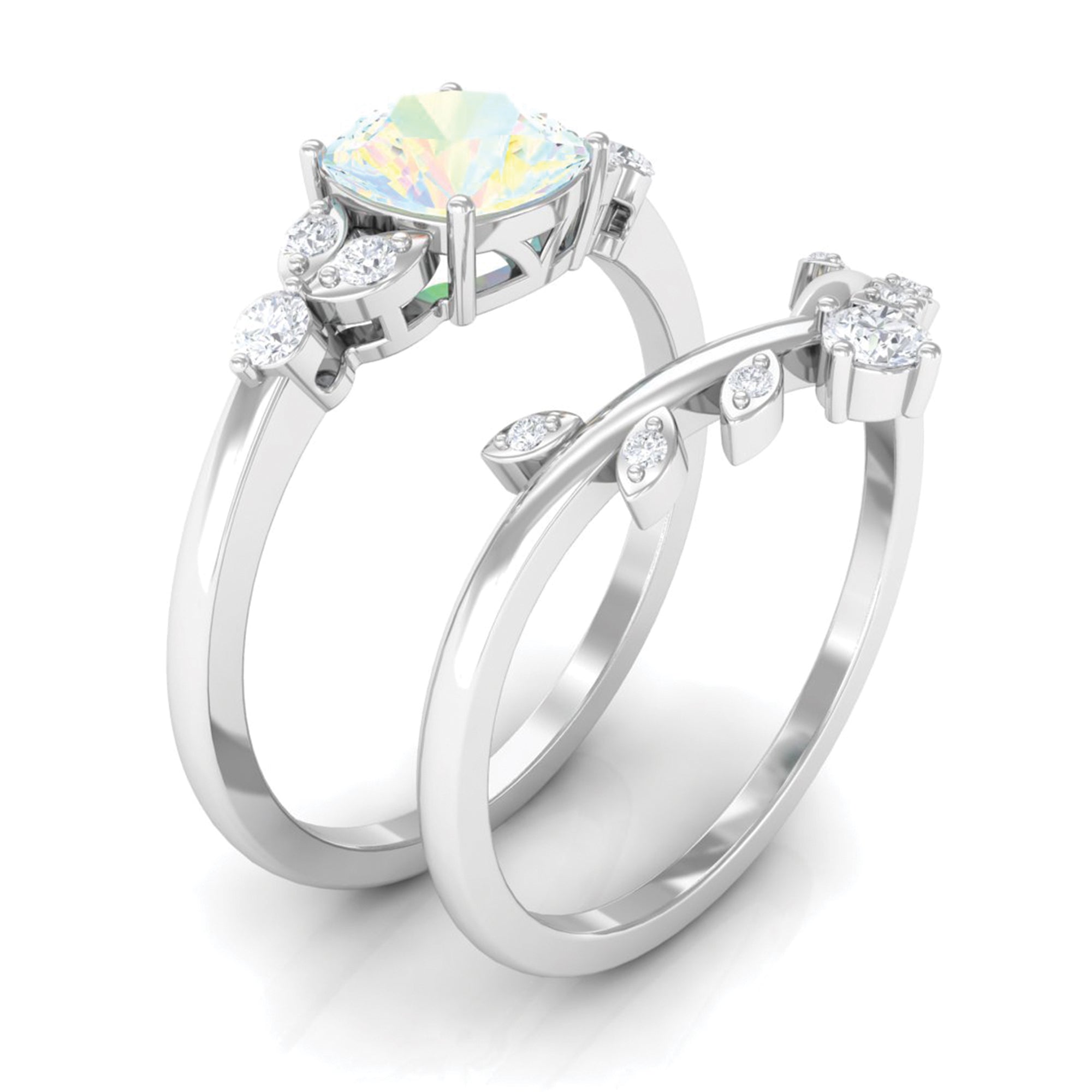 Rosec Jewels-Ethiopian Opal and Diamond Ring Set with Leaf Motif