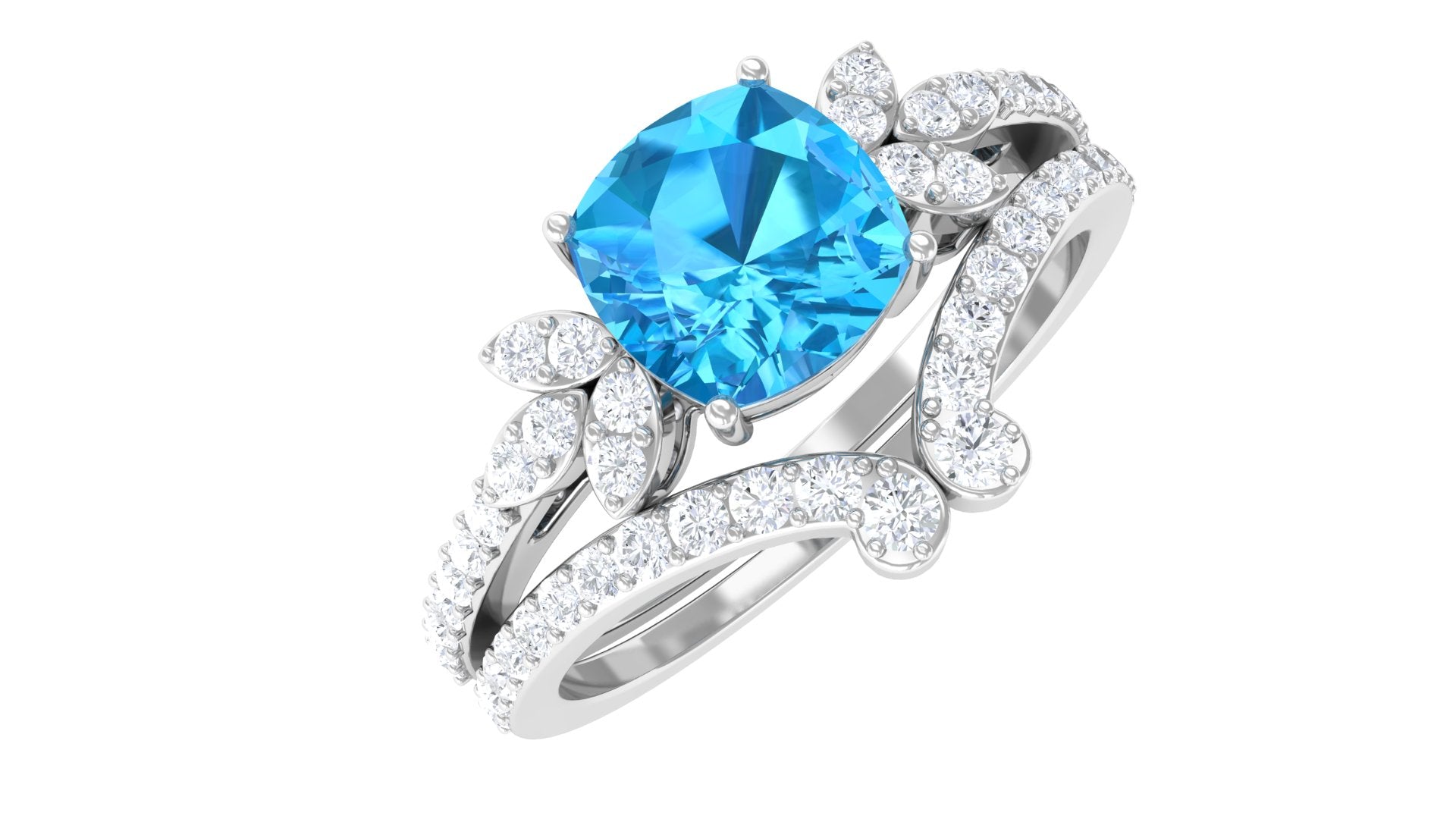 Rosec Jewels-Cushion Cut Swiss Blue Topaz Ring Set with Diamond