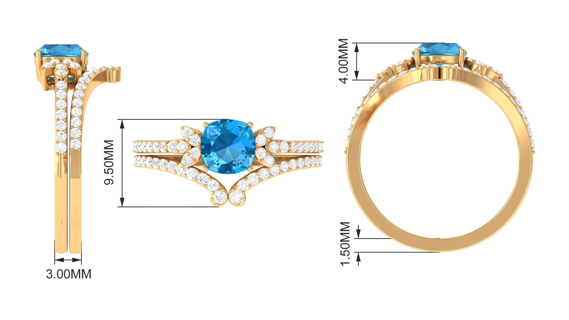 Rosec Jewels-Cushion Cut Swiss Blue Topaz Ring Set with Diamond