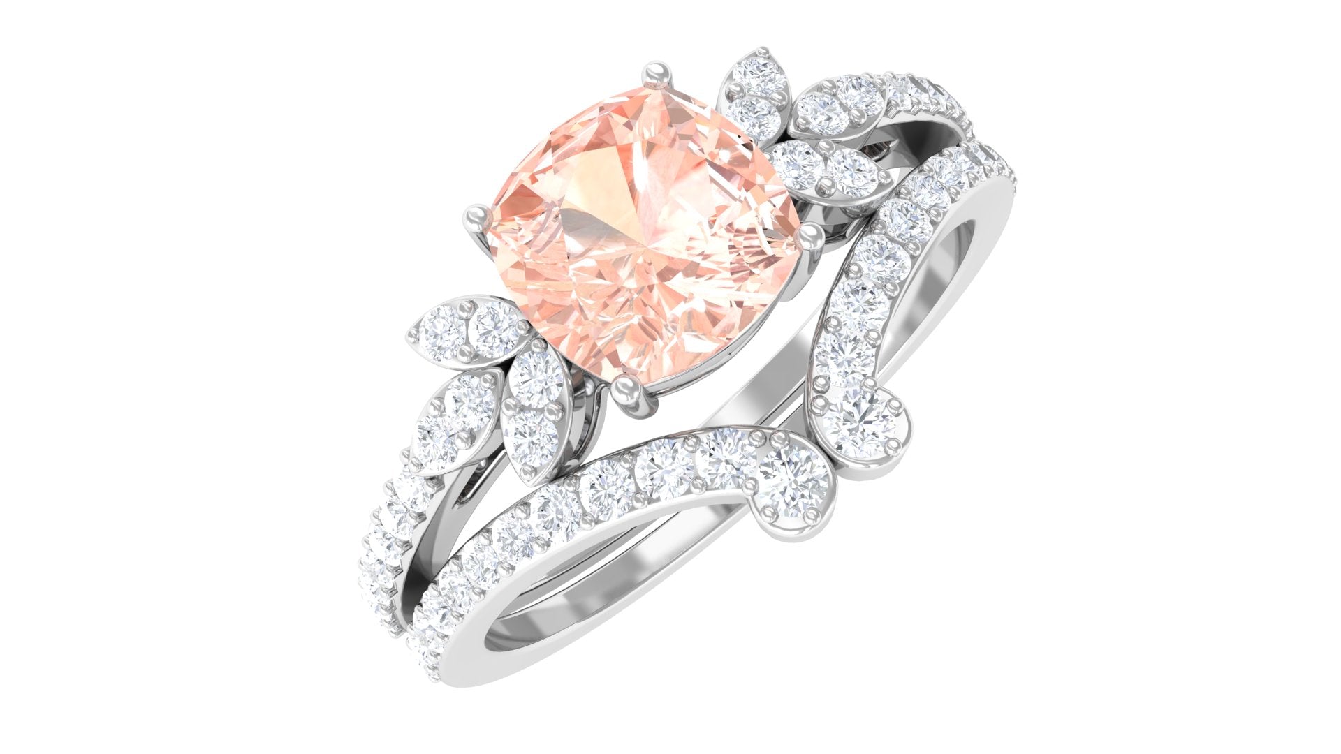 Rosec Jewels-Cushion Cut Morganite and Diamond Bridal Ring Set