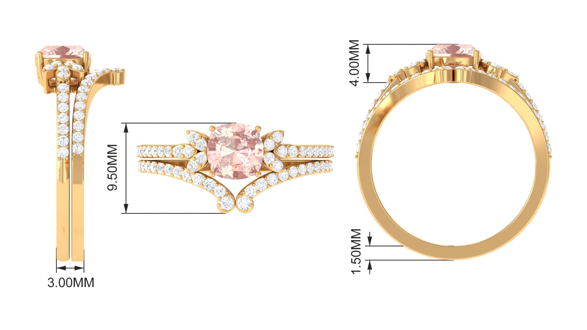 Rosec Jewels-Cushion Cut Morganite and Diamond Bridal Ring Set