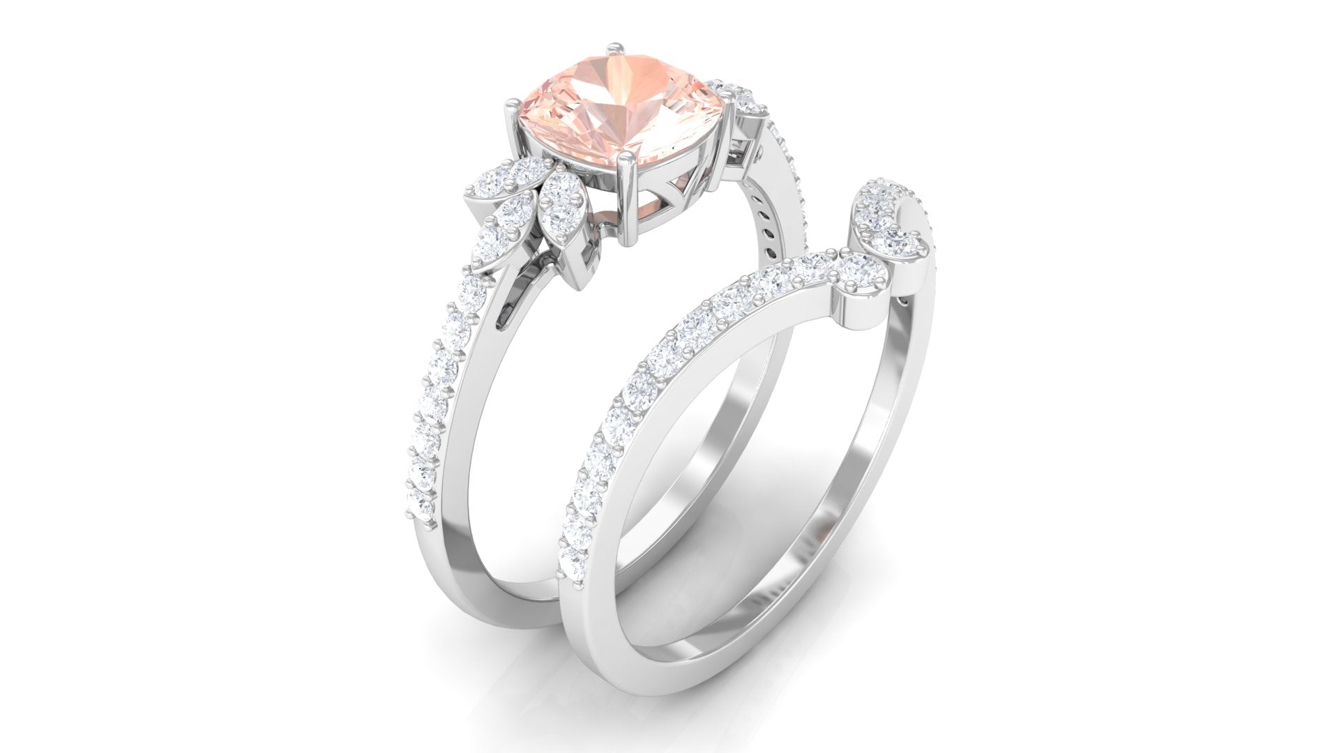 Rosec Jewels-Cushion Cut Morganite and Diamond Bridal Ring Set