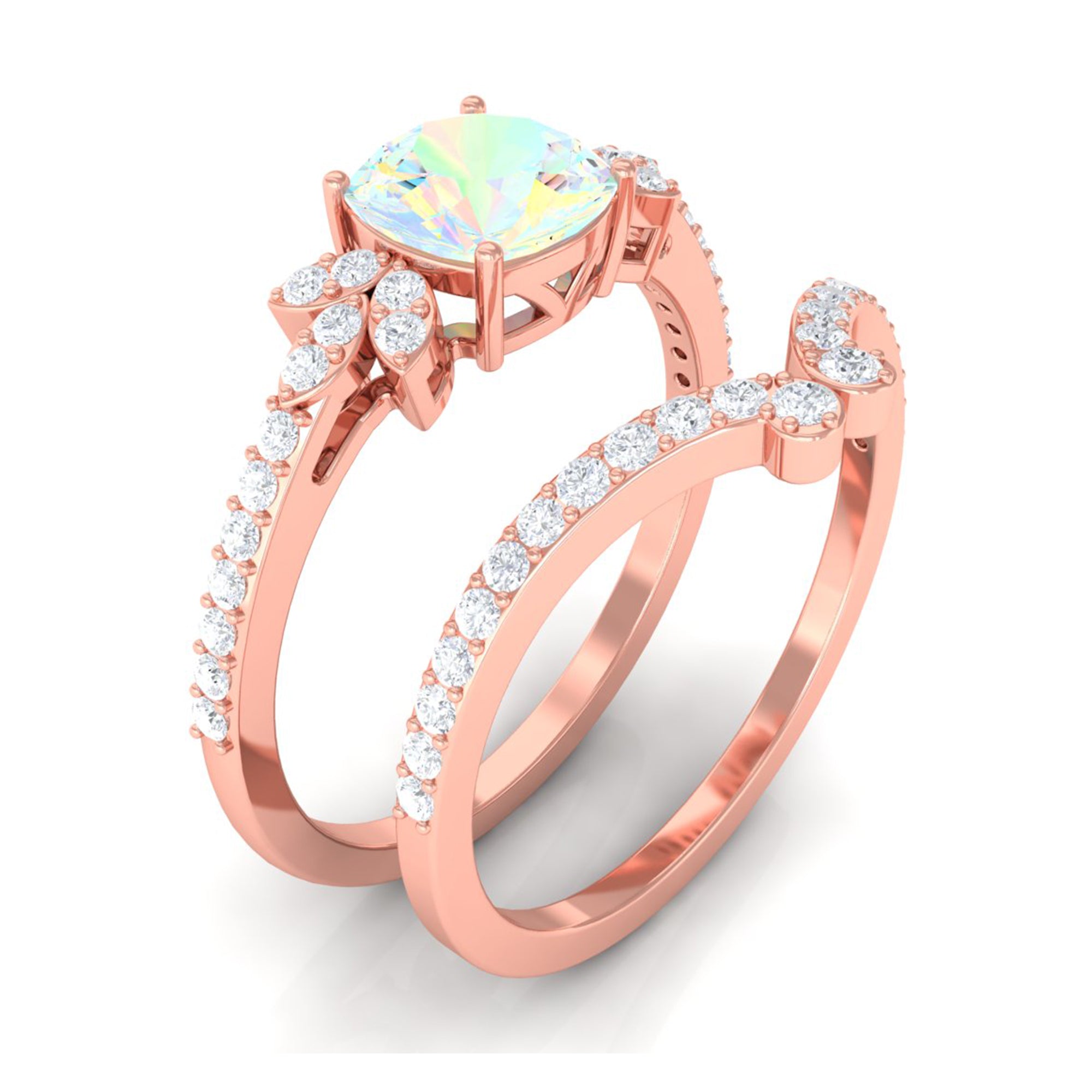 Rosec Jewels-Cushion Cut Ethiopian Opal and Diamond Bridal Ring Set