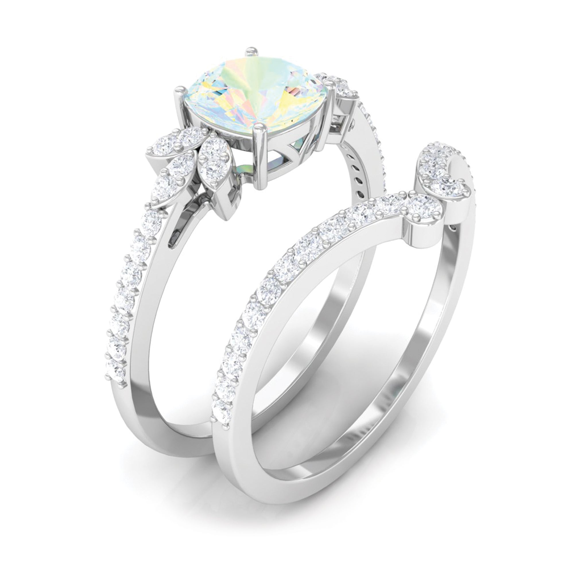 Rosec Jewels-Cushion Cut Ethiopian Opal and Diamond Bridal Ring Set