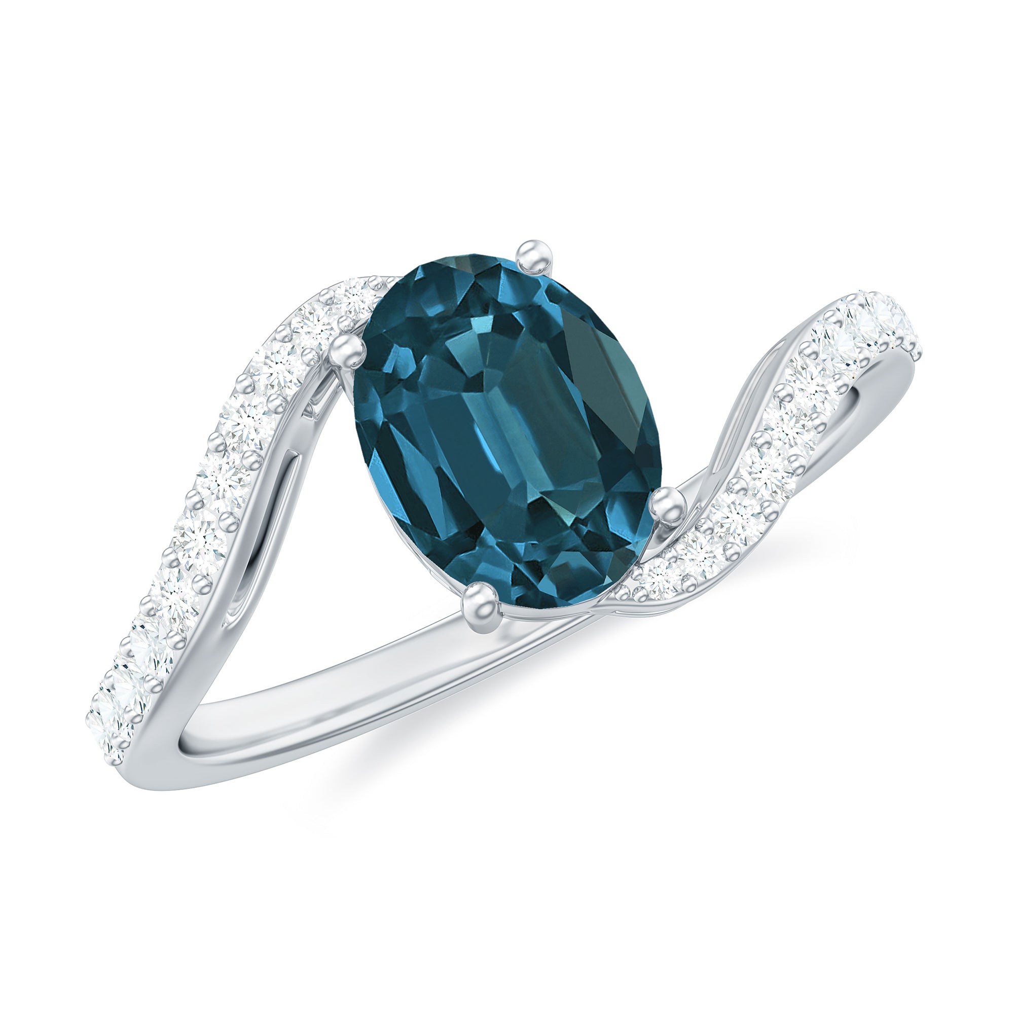 Rosec Jewels-Oval Cut London Blue Topaz Solitaire Bypass Ring with Diamond