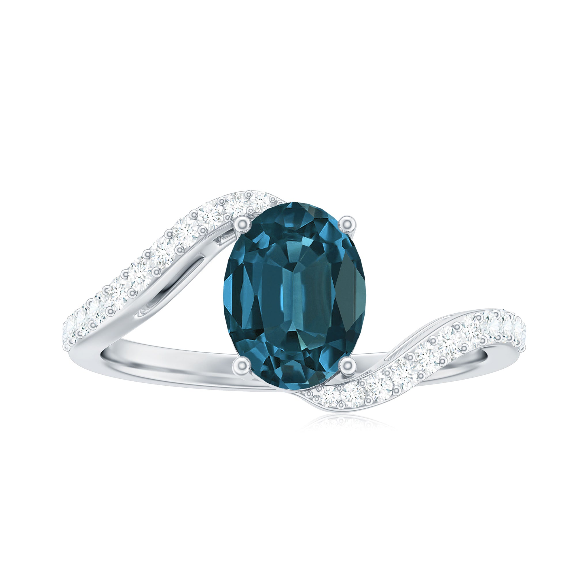 Rosec Jewels-Oval Cut London Blue Topaz Solitaire Bypass Ring with Diamond