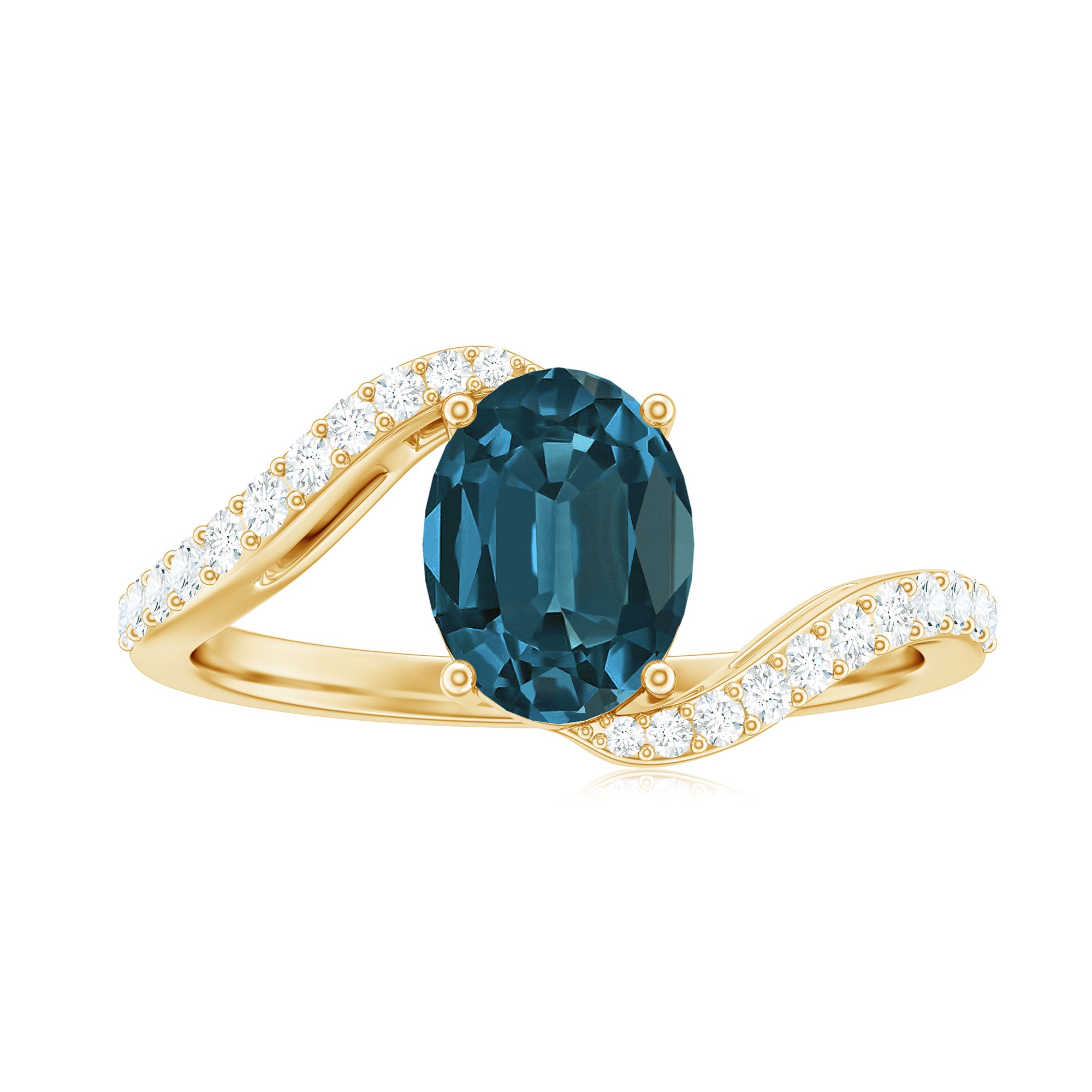 Rosec Jewels-Oval Cut London Blue Topaz Solitaire Bypass Ring with Diamond