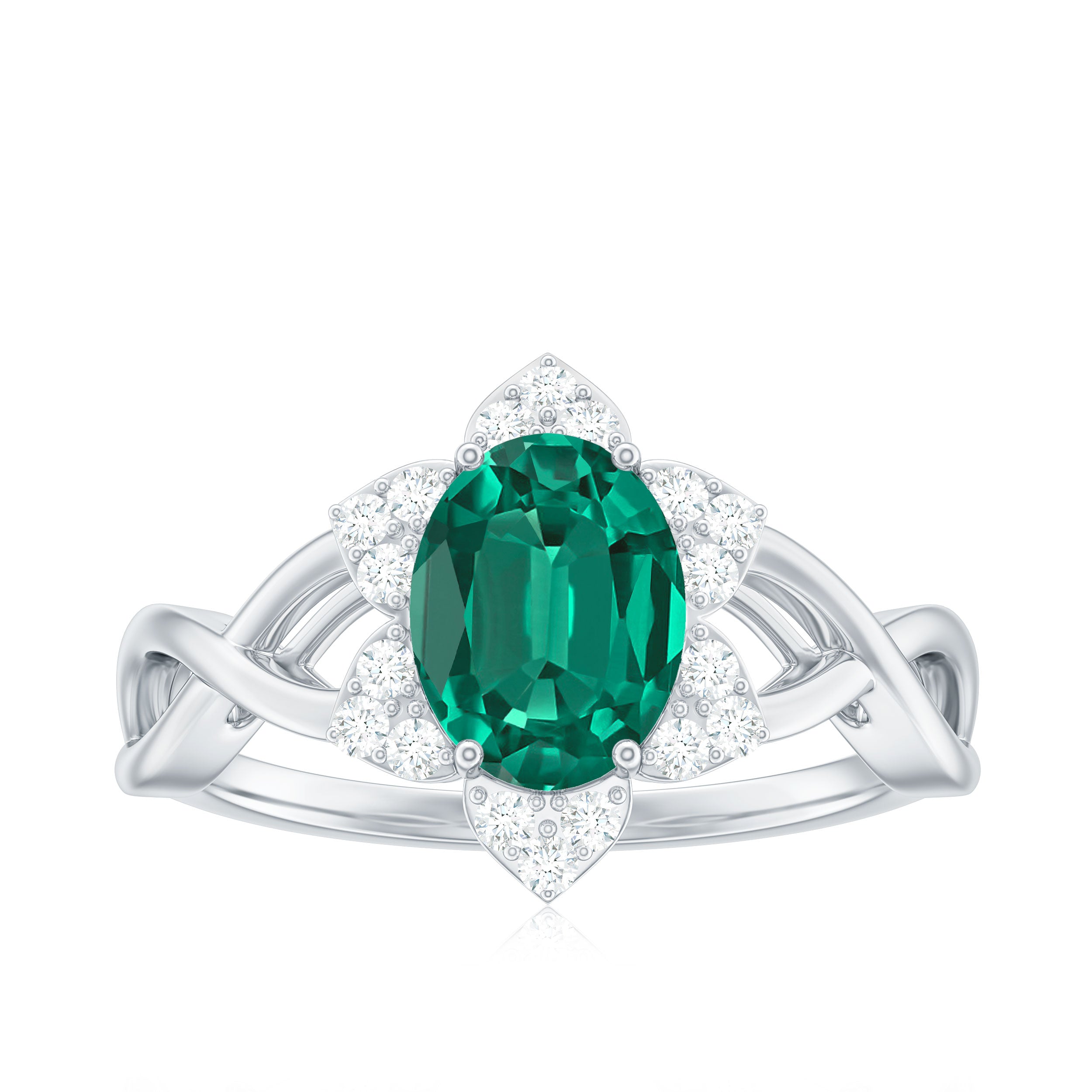 Rosec Jewels-Created Emerald and Diamond Flower Halo Engagement Ring