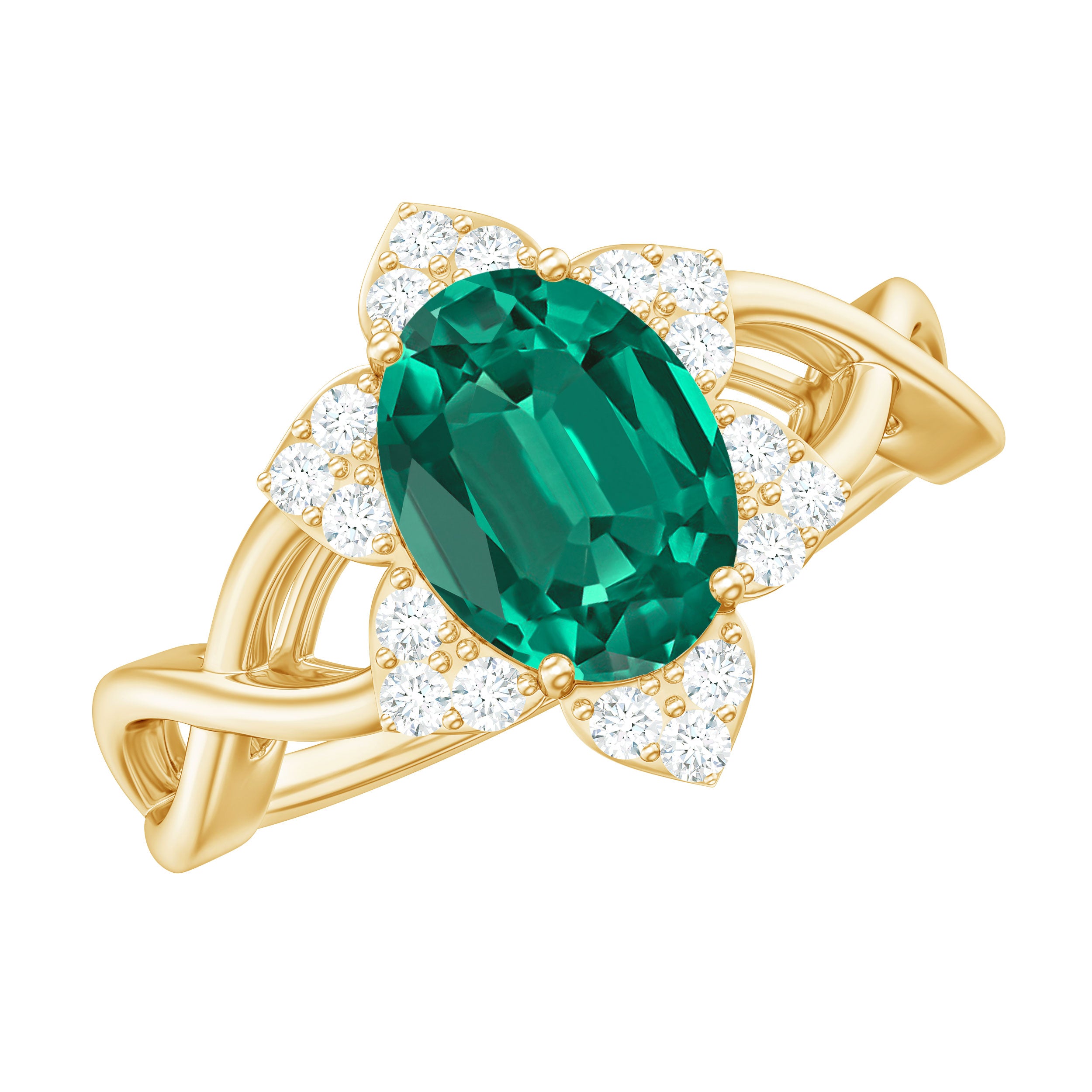 Rosec Jewels-Created Emerald and Diamond Flower Halo Engagement Ring