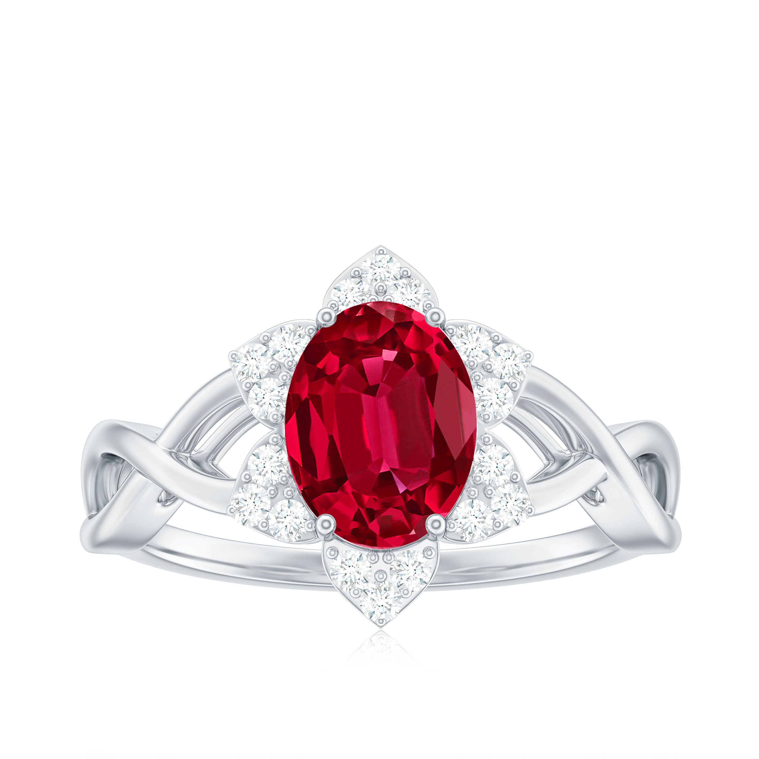 Rosec Jewels-Oval Lab Grown Ruby Floral Ring with Diamond Halo