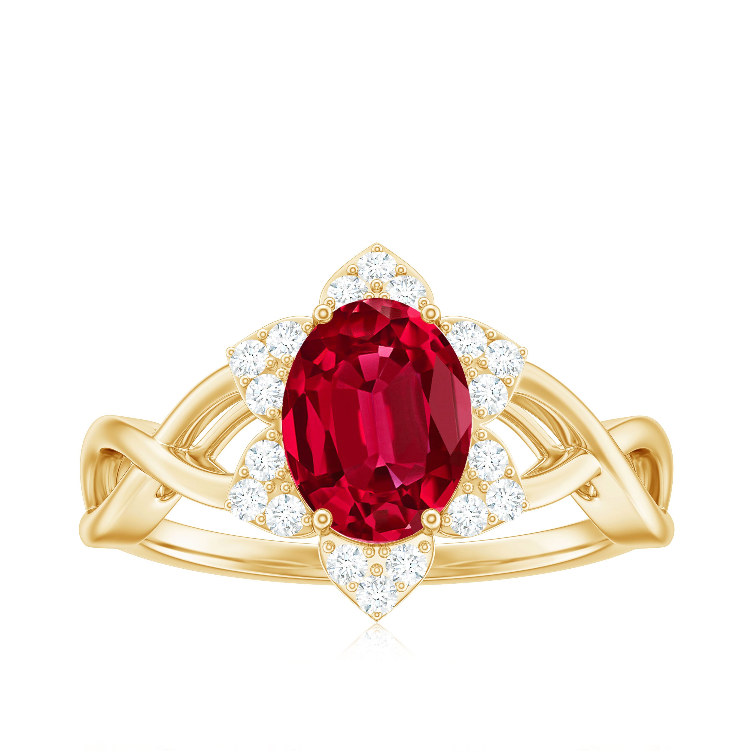 Rosec Jewels-Oval Lab Grown Ruby Floral Ring with Diamond Halo