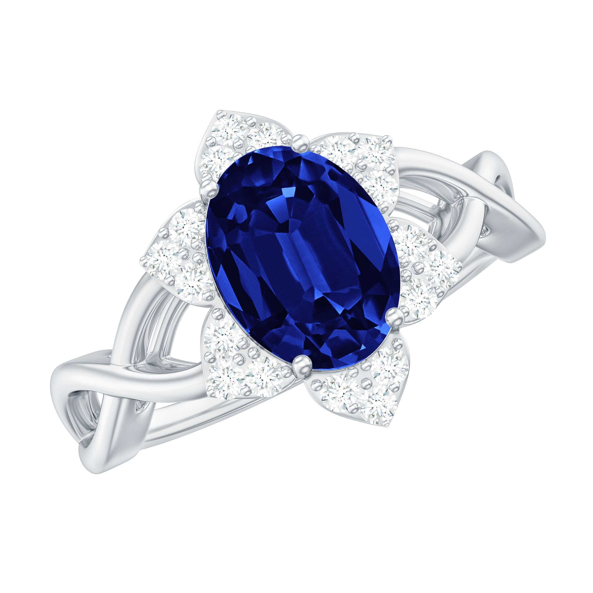 Rosec Jewels-Created Blue Sapphire and Diamond Flower Halo Engagement Ring