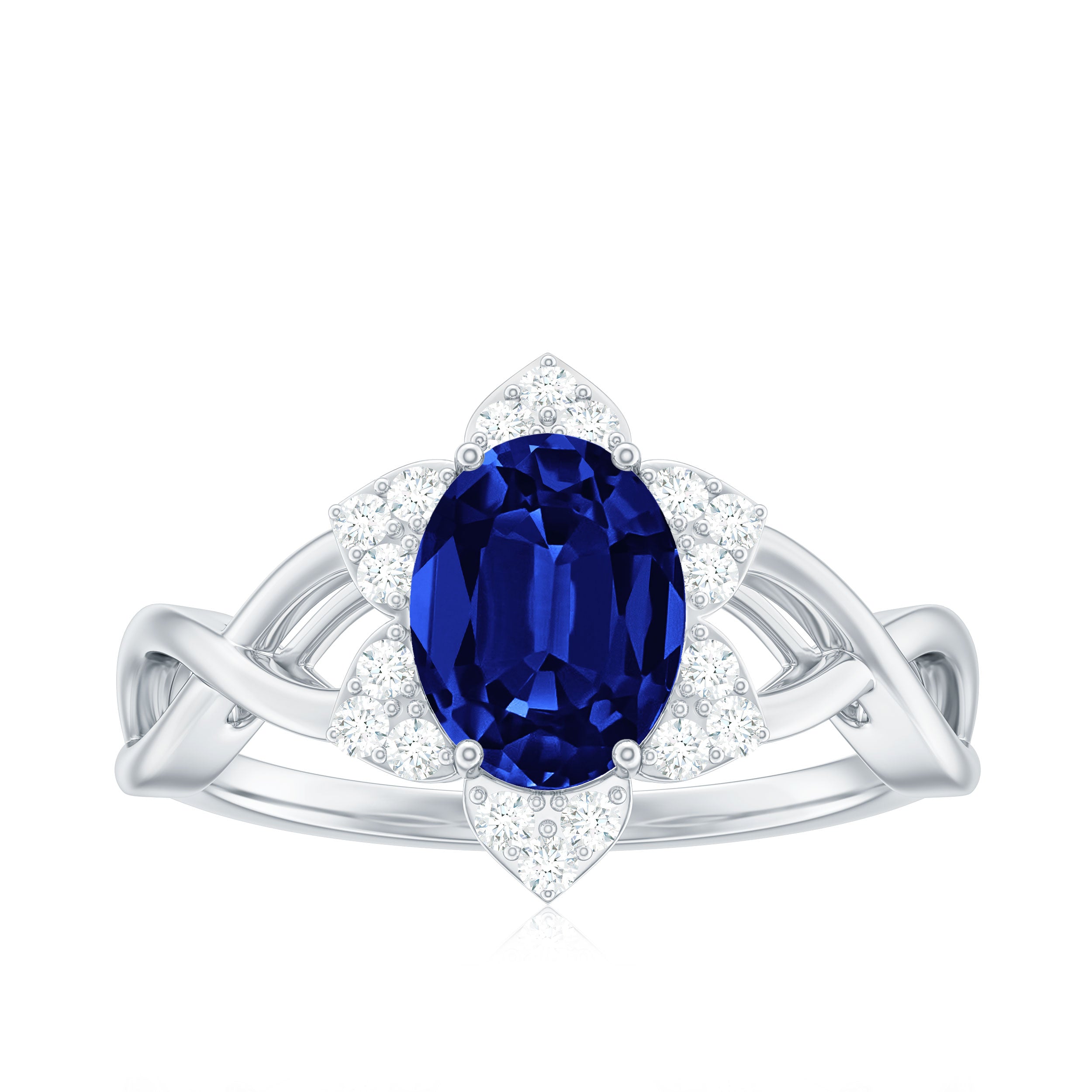 Rosec Jewels-Created Blue Sapphire and Diamond Flower Halo Engagement Ring