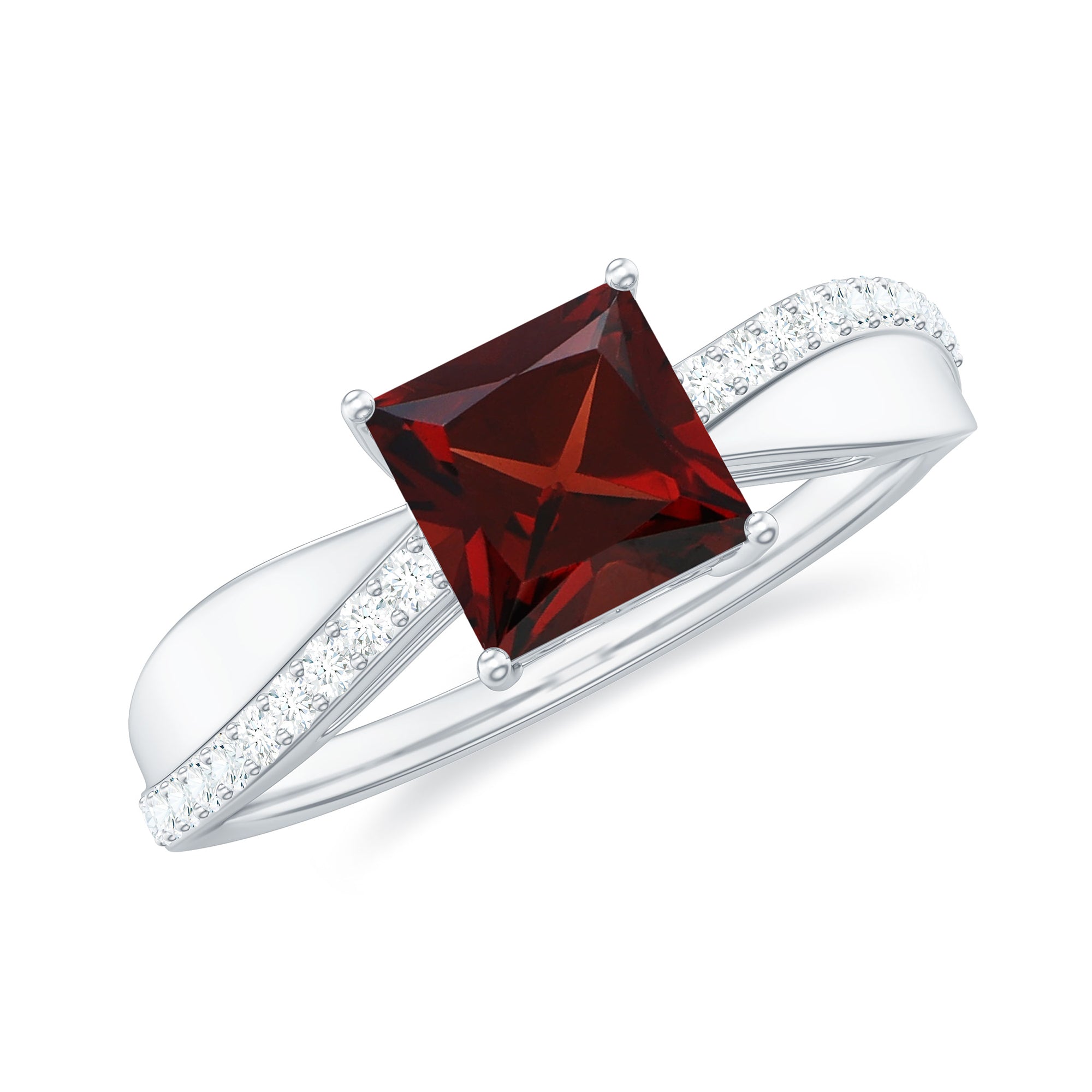 Rosec Jewels-Princess Cut Garnet Solitaire Engagement Ring with Diamond