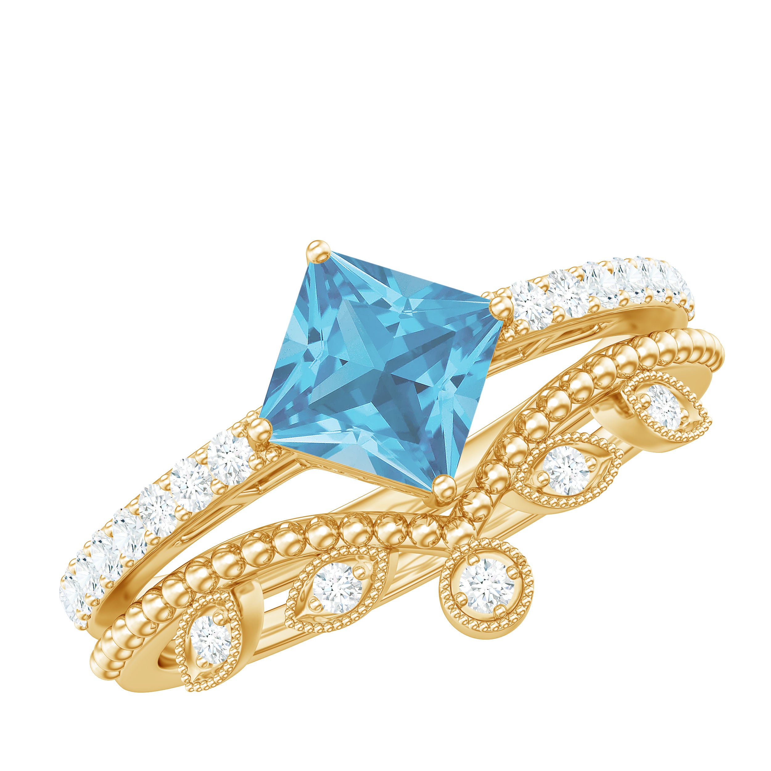 Rosec Jewels-Princess Cut Swiss Blue Topaz Vintage Ring Set with Diamond