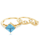 Rosec Jewels-Princess Cut Swiss Blue Topaz Vintage Ring Set with Diamond