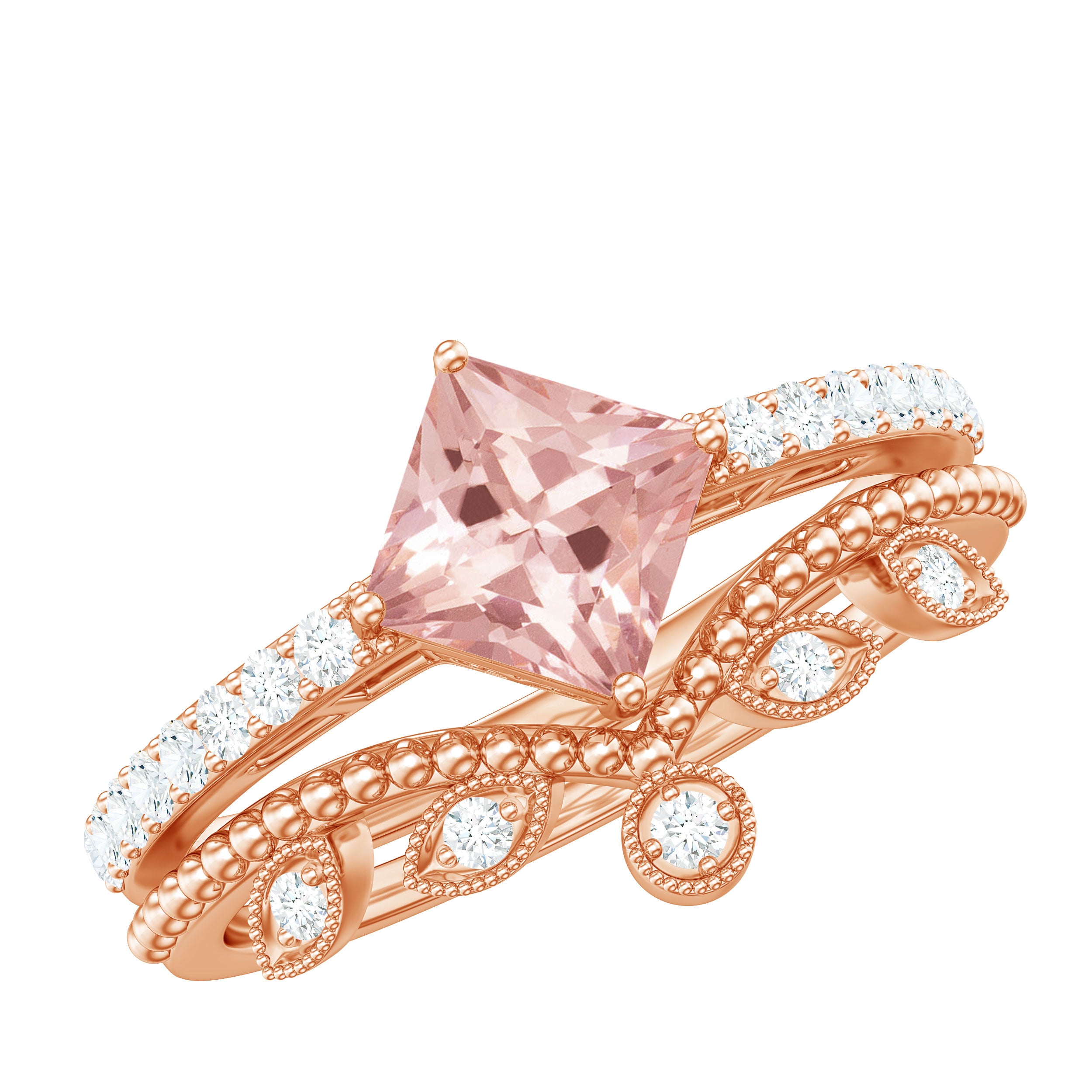 Rosec Jewels-1.25 CT Vintage Style Princess Cut Morganite Ring Set with Diamond