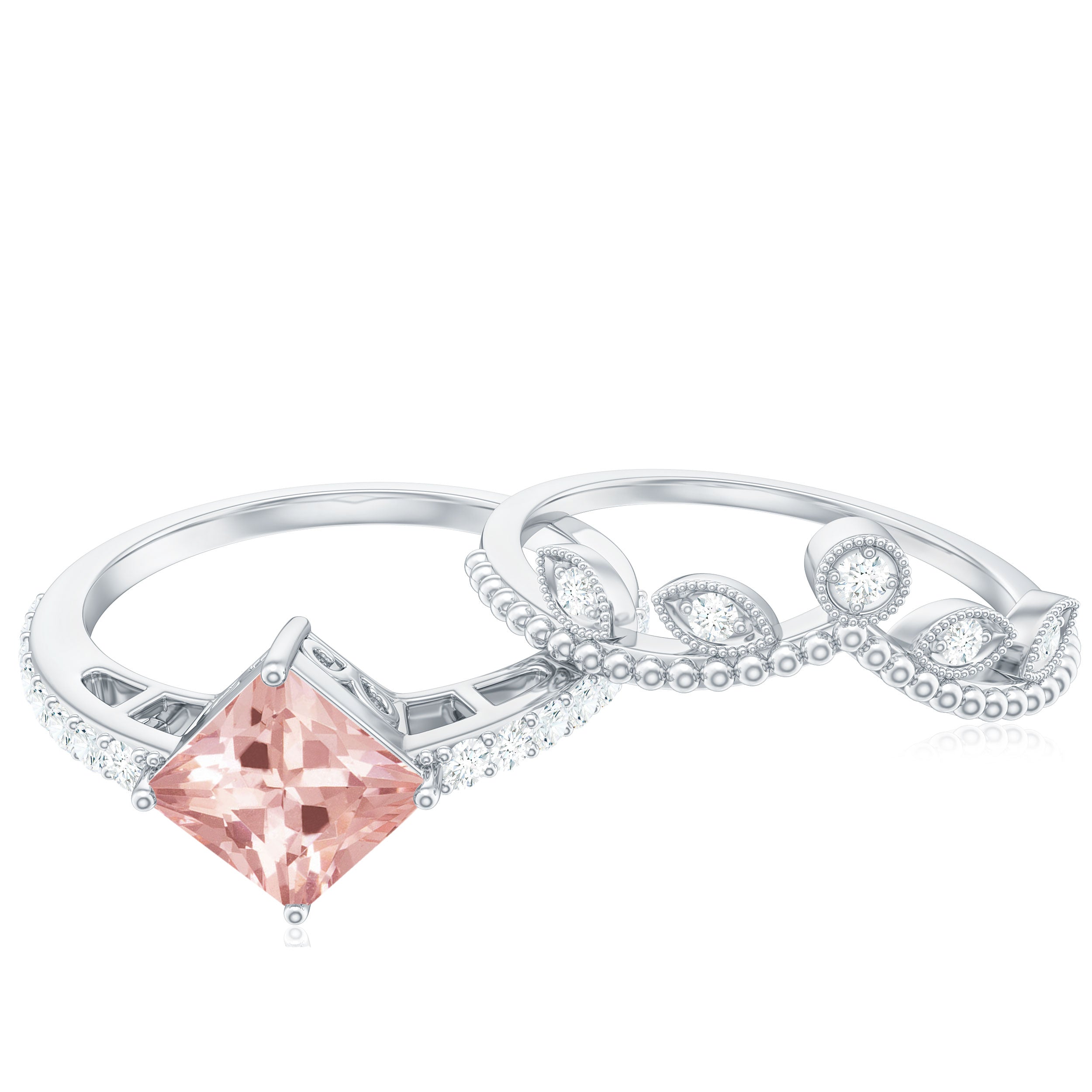 Rosec Jewels-1.25 CT Vintage Style Princess Cut Morganite Ring Set with Diamond