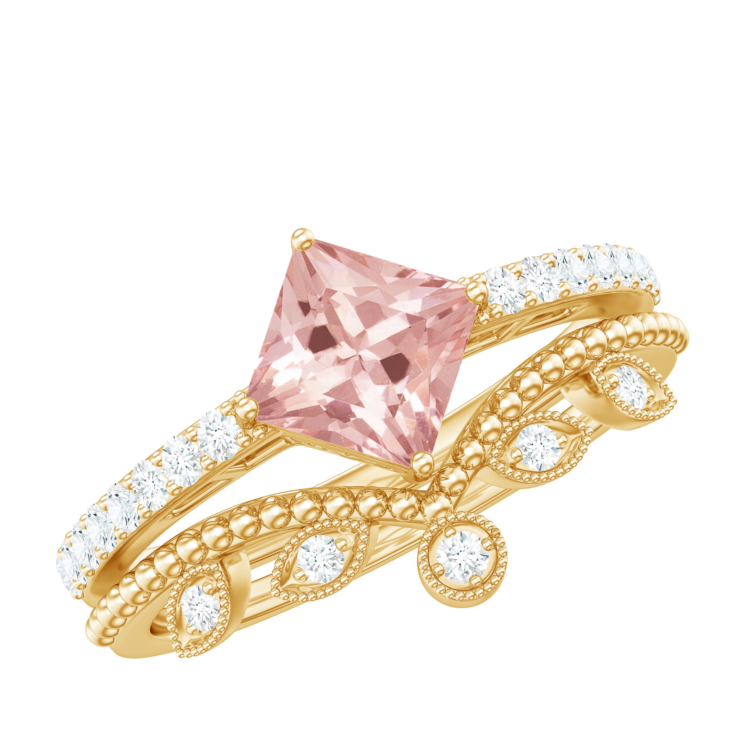 Rosec Jewels-1.25 CT Vintage Style Princess Cut Morganite Ring Set with Diamond