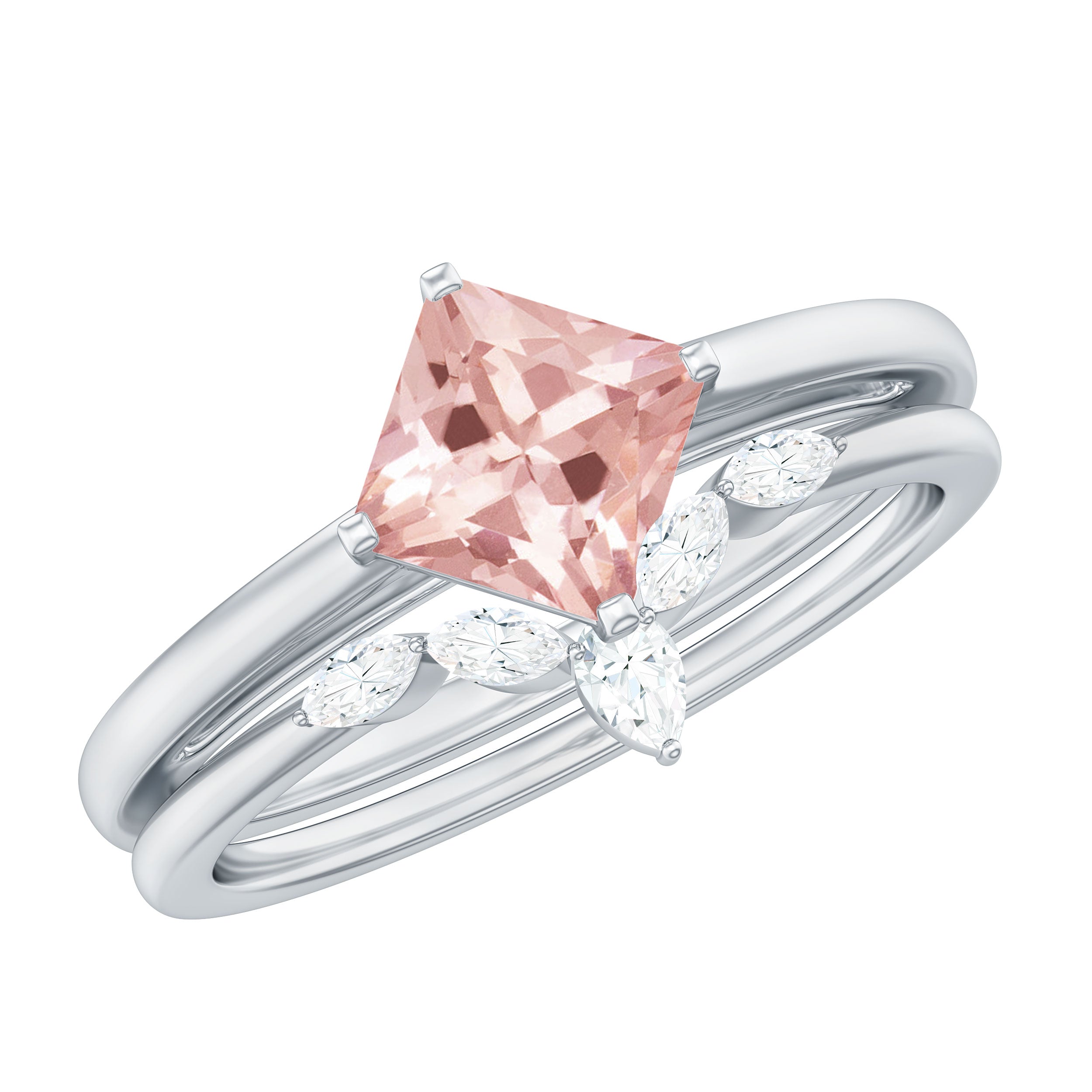 Rosec Jewels-1 CT Princess Cut Morganite and Diamond Solitaire Ring Set