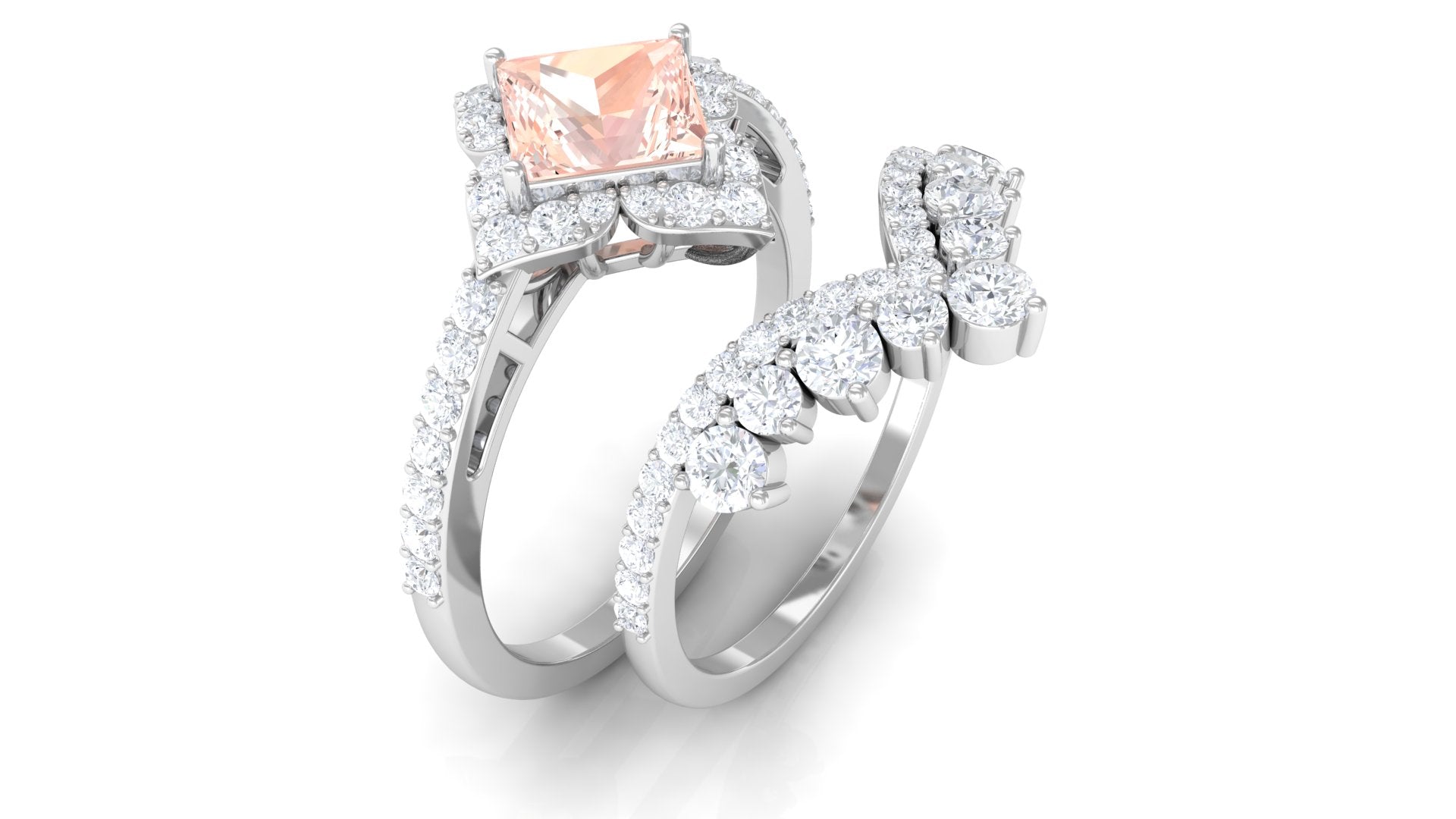 Rosec Jewels-2.5 CT Morganite and Moissanite Statement Wedding Ring Set