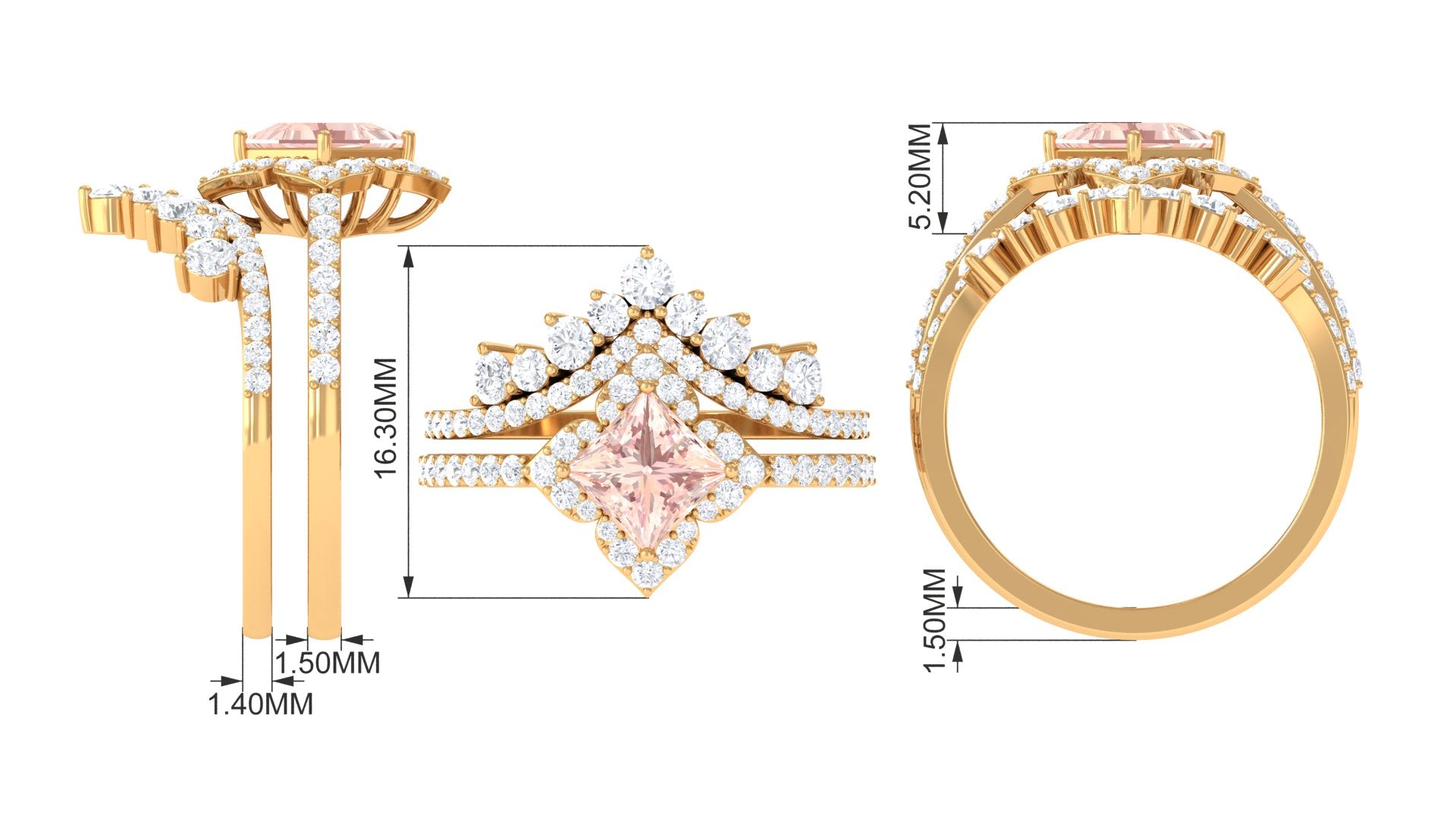 Rosec Jewels-2.5 CT Morganite and Moissanite Statement Wedding Ring Set