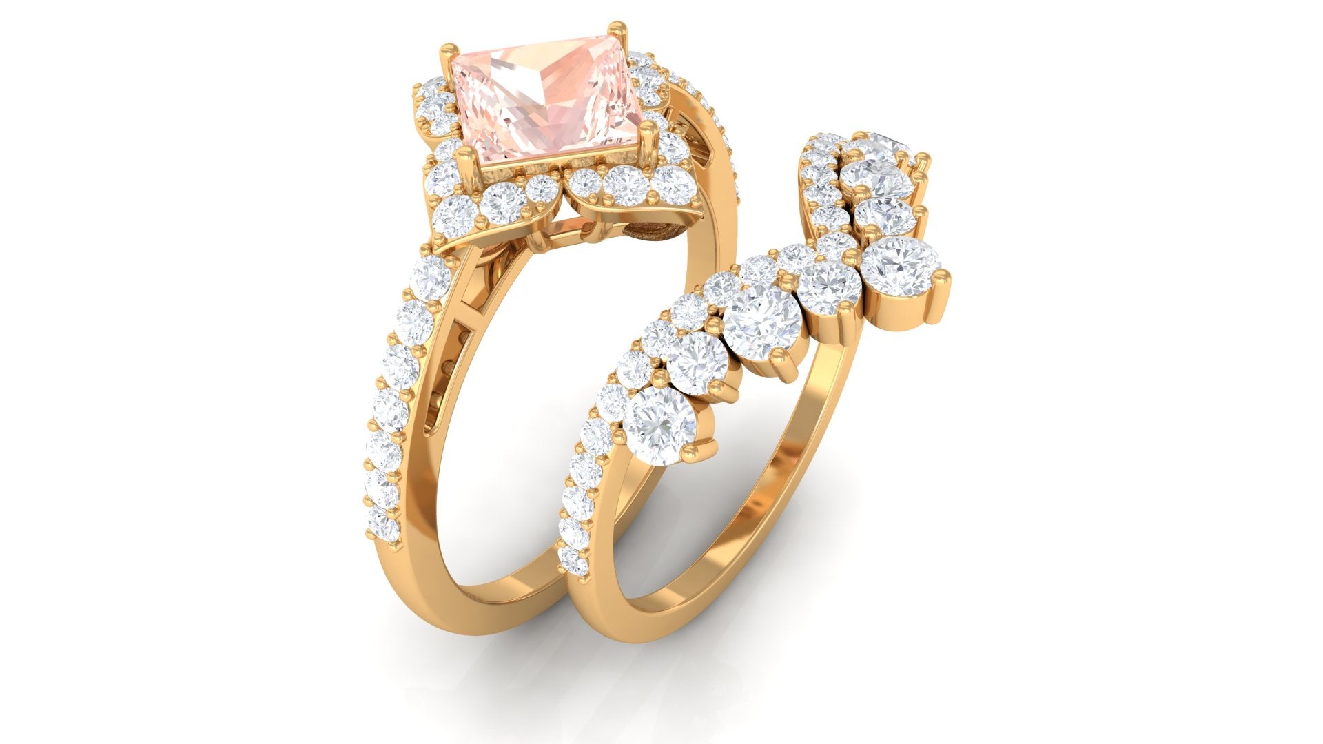 Rosec Jewels-2.5 CT Morganite and Moissanite Statement Wedding Ring Set