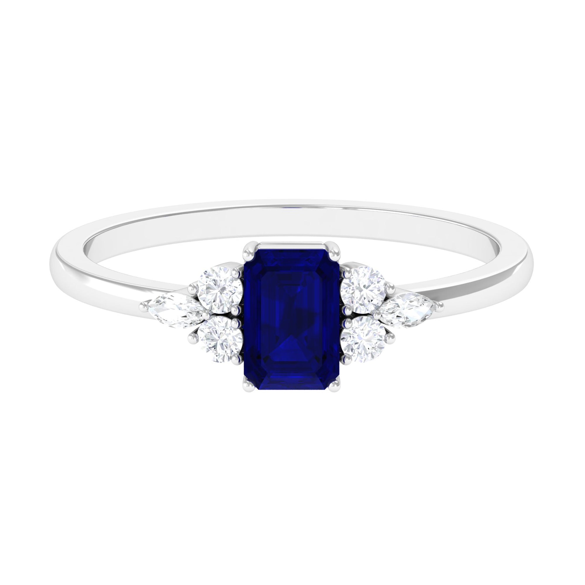 Rosec Jewels-Emerald Cut Blue Sapphire Solitaire Ring with Diamond Trio