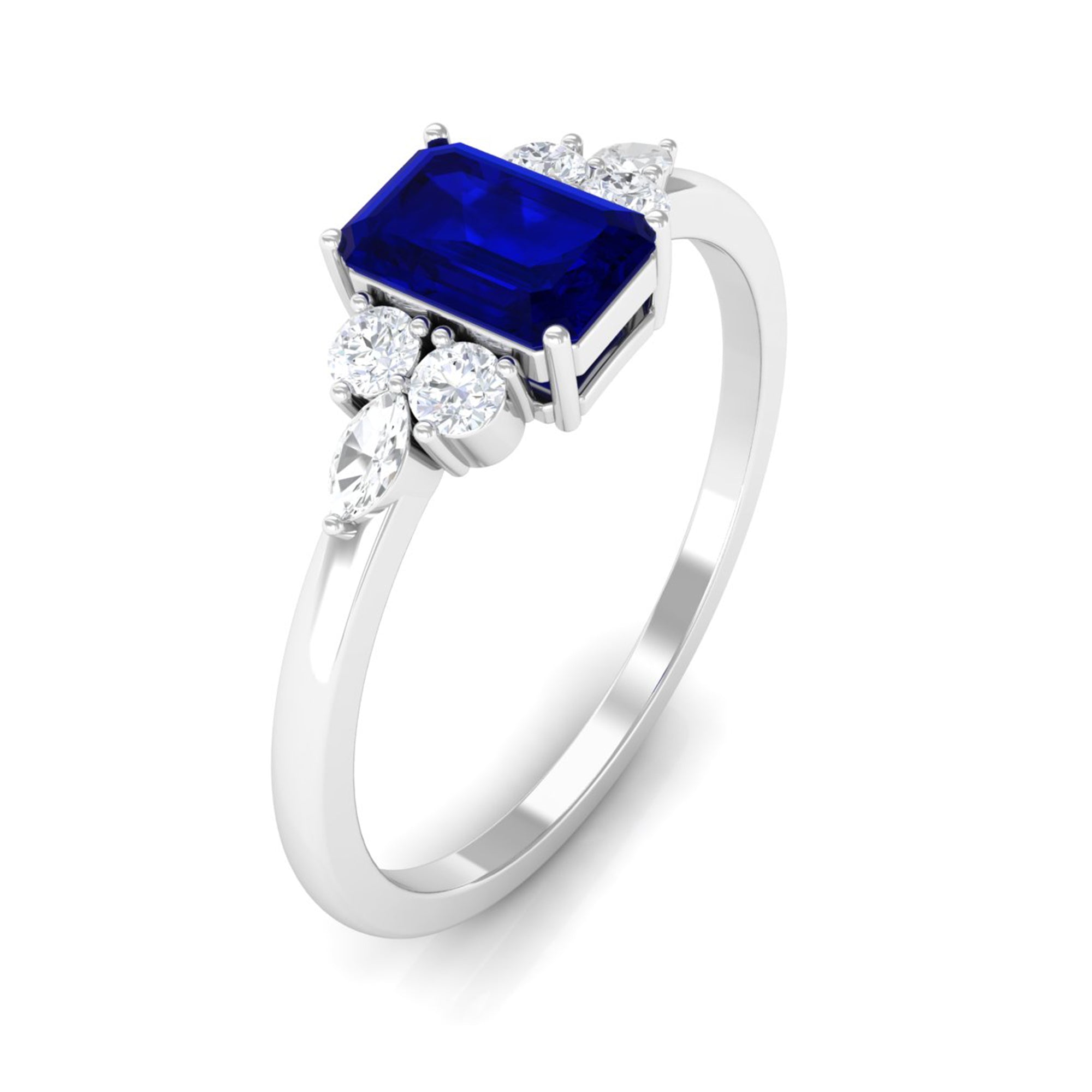 Rosec Jewels-Emerald Cut Blue Sapphire Solitaire Ring with Diamond Trio