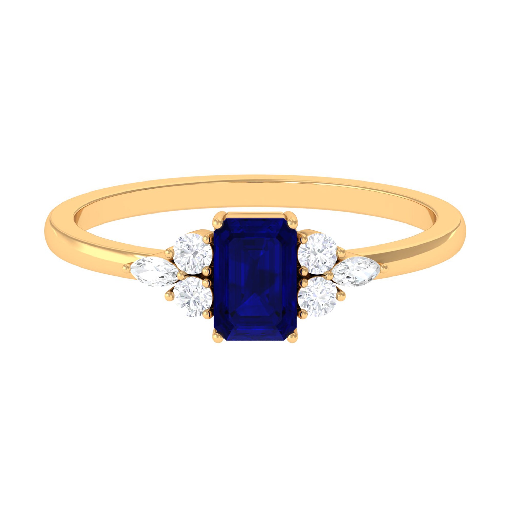 Rosec Jewels-Emerald Cut Blue Sapphire Solitaire Ring with Diamond Trio