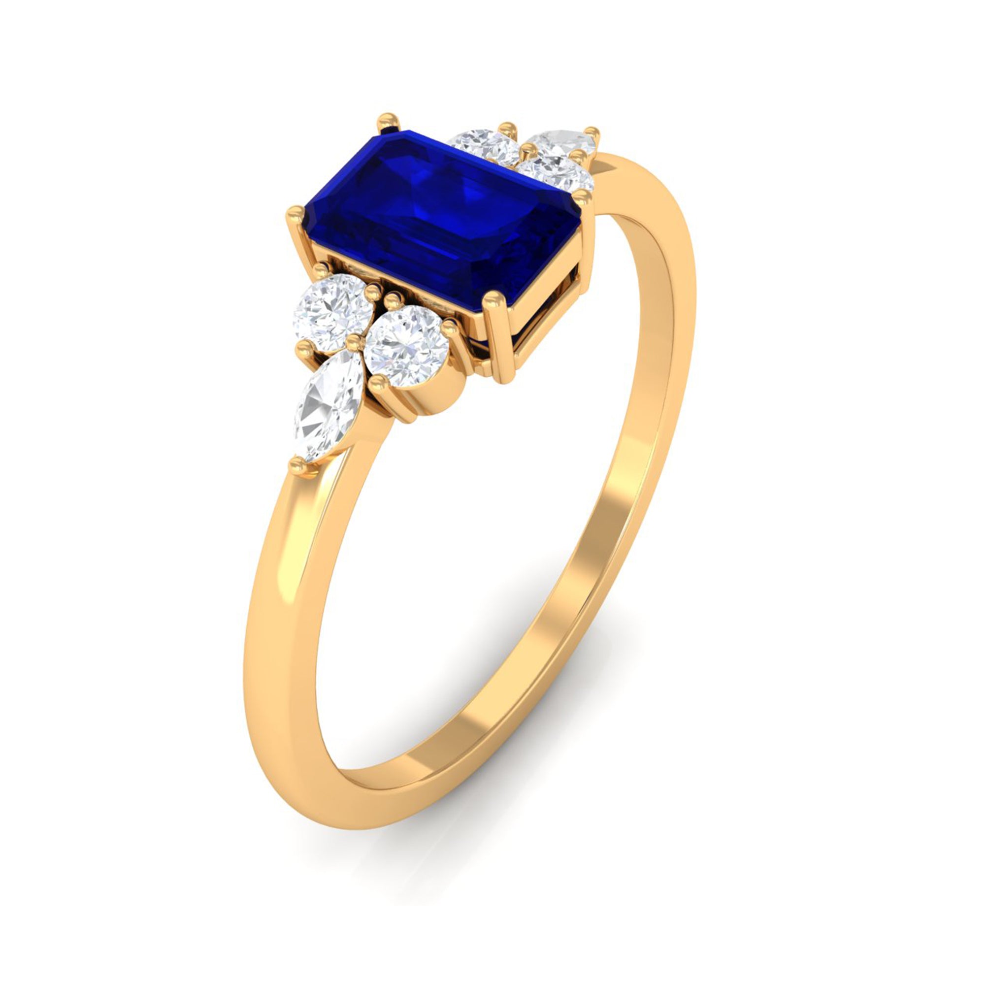 Rosec Jewels-Emerald Cut Blue Sapphire Solitaire Ring with Diamond Trio