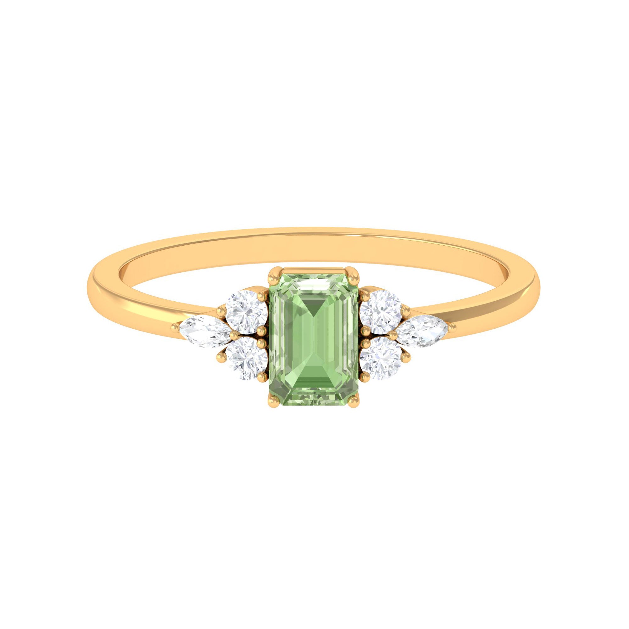 Rosec Jewels-Emerald Cut Green Sapphire Promise Ring with Diamond Trio