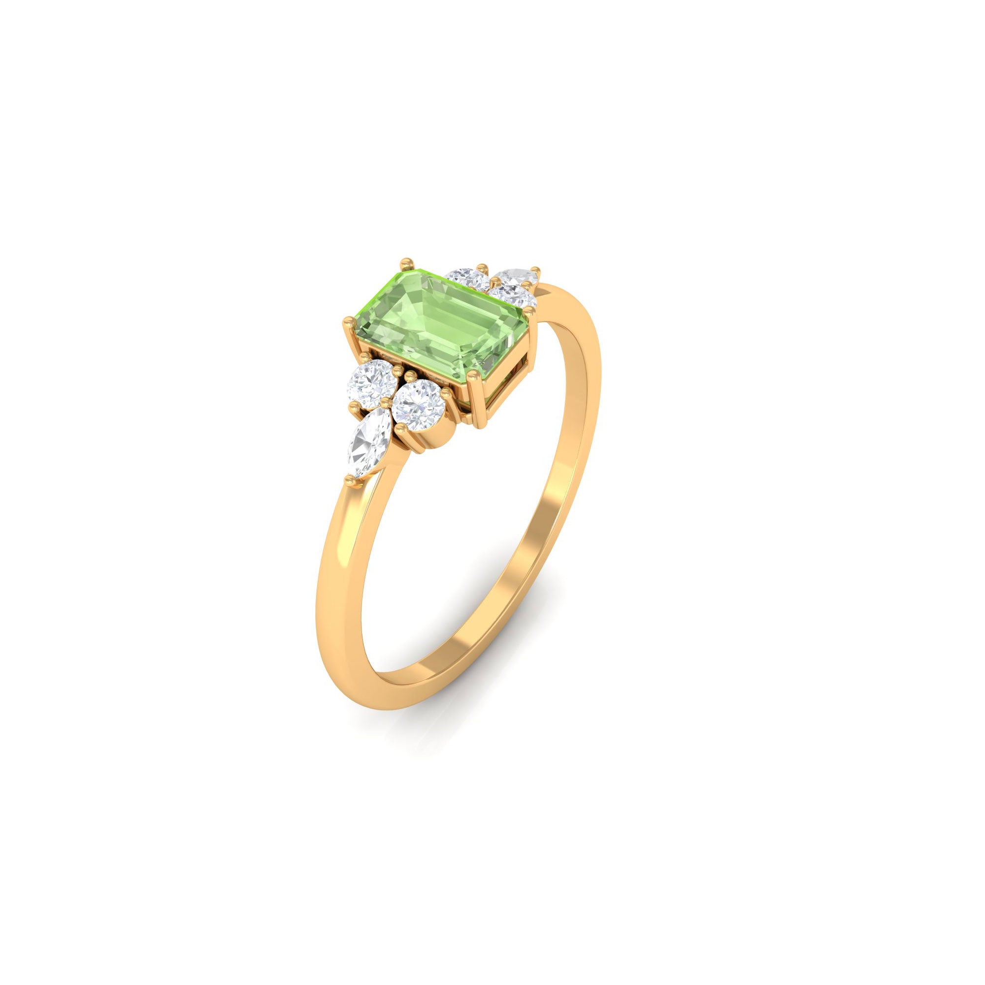 Rosec Jewels-Emerald Cut Green Sapphire Promise Ring with Diamond Trio