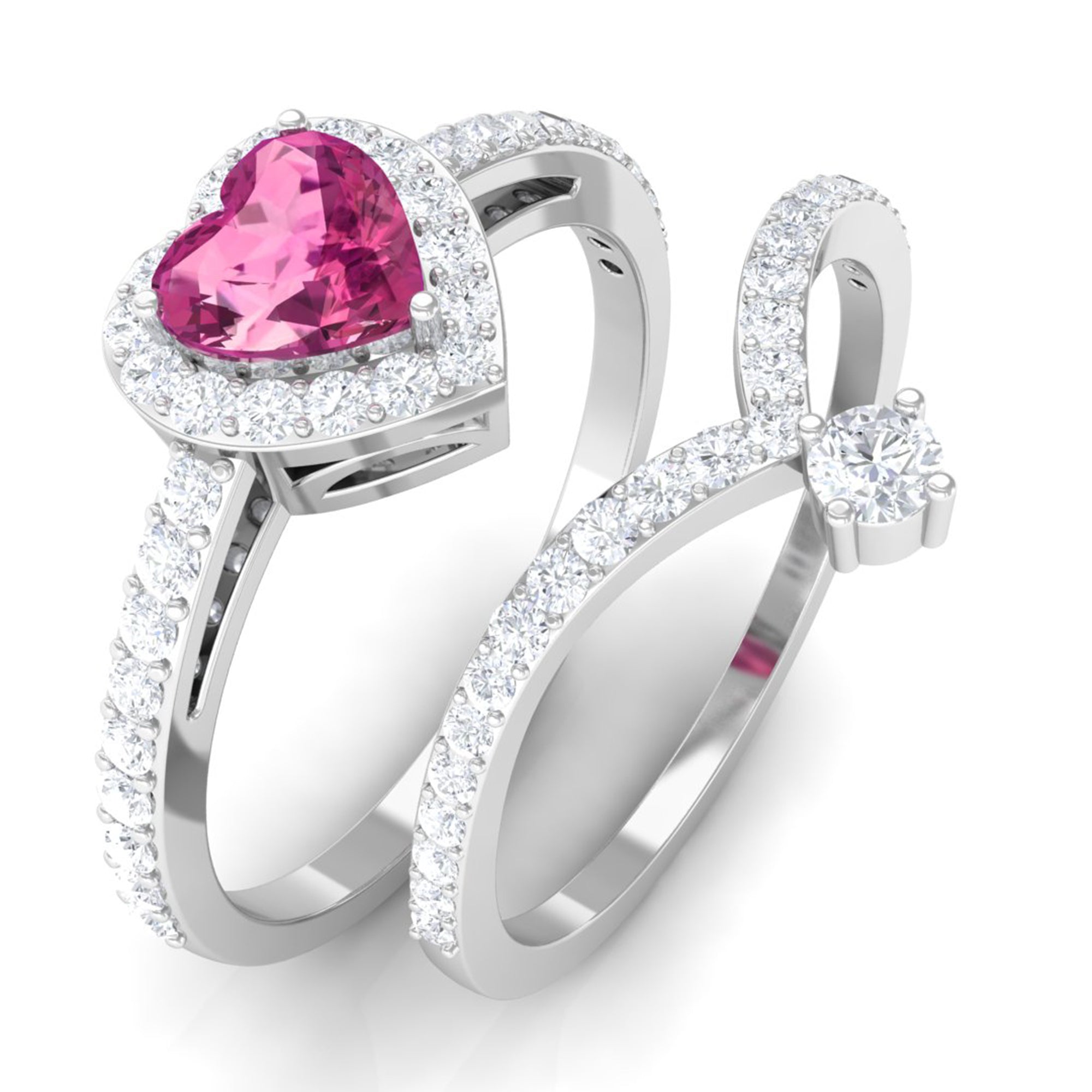 Genuine Pink Tourmaline Ring Set with Moissanite Pink Tourmaline - ( AAA ) - Quality - Rosec Jewels