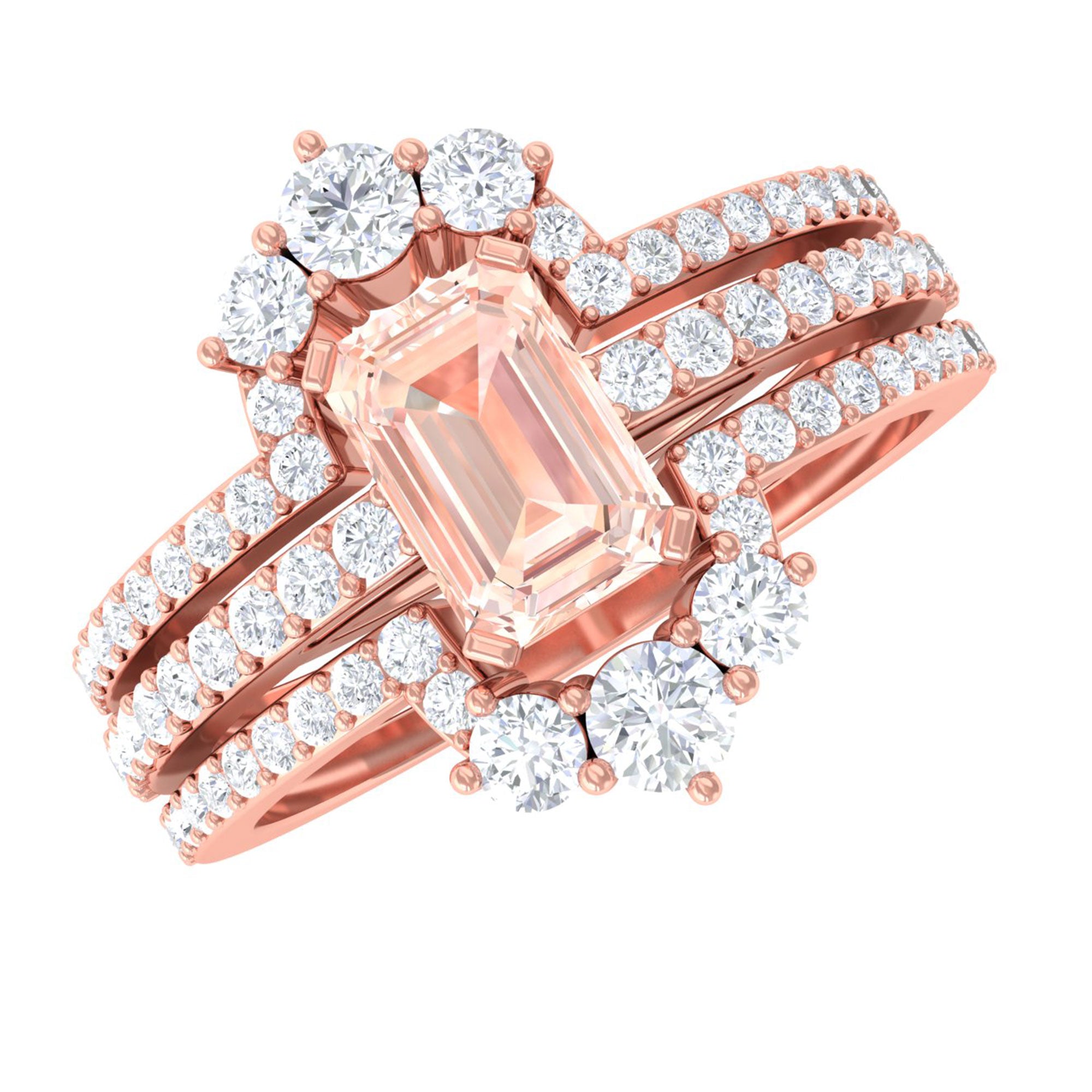 Rosec Jewels-Emerald Cut Morganite Solitaire Trio Ring Set with Diamond