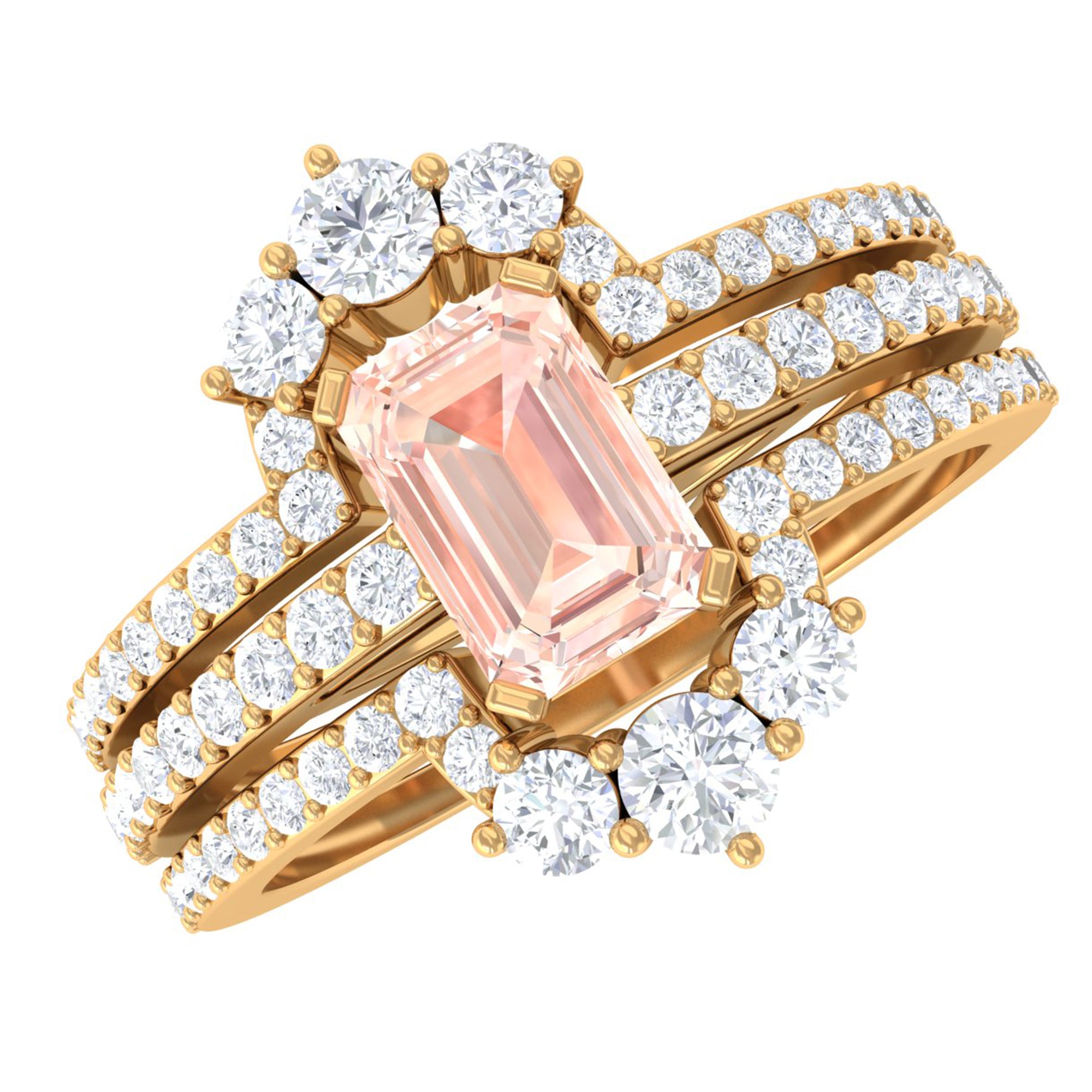 Rosec Jewels-Emerald Cut Morganite Solitaire Trio Ring Set with Diamond