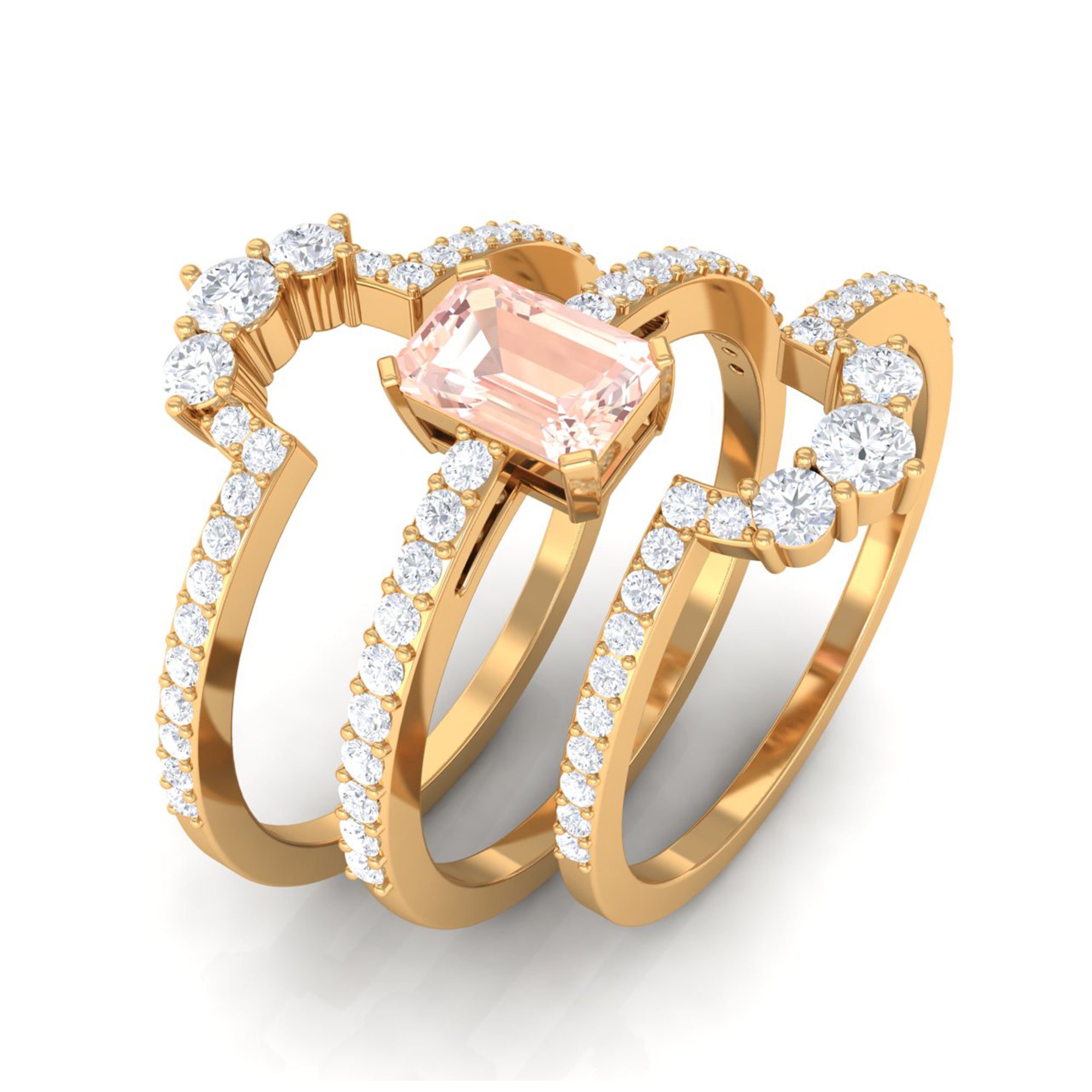 Rosec Jewels-Emerald Cut Morganite Solitaire Trio Ring Set with Diamond