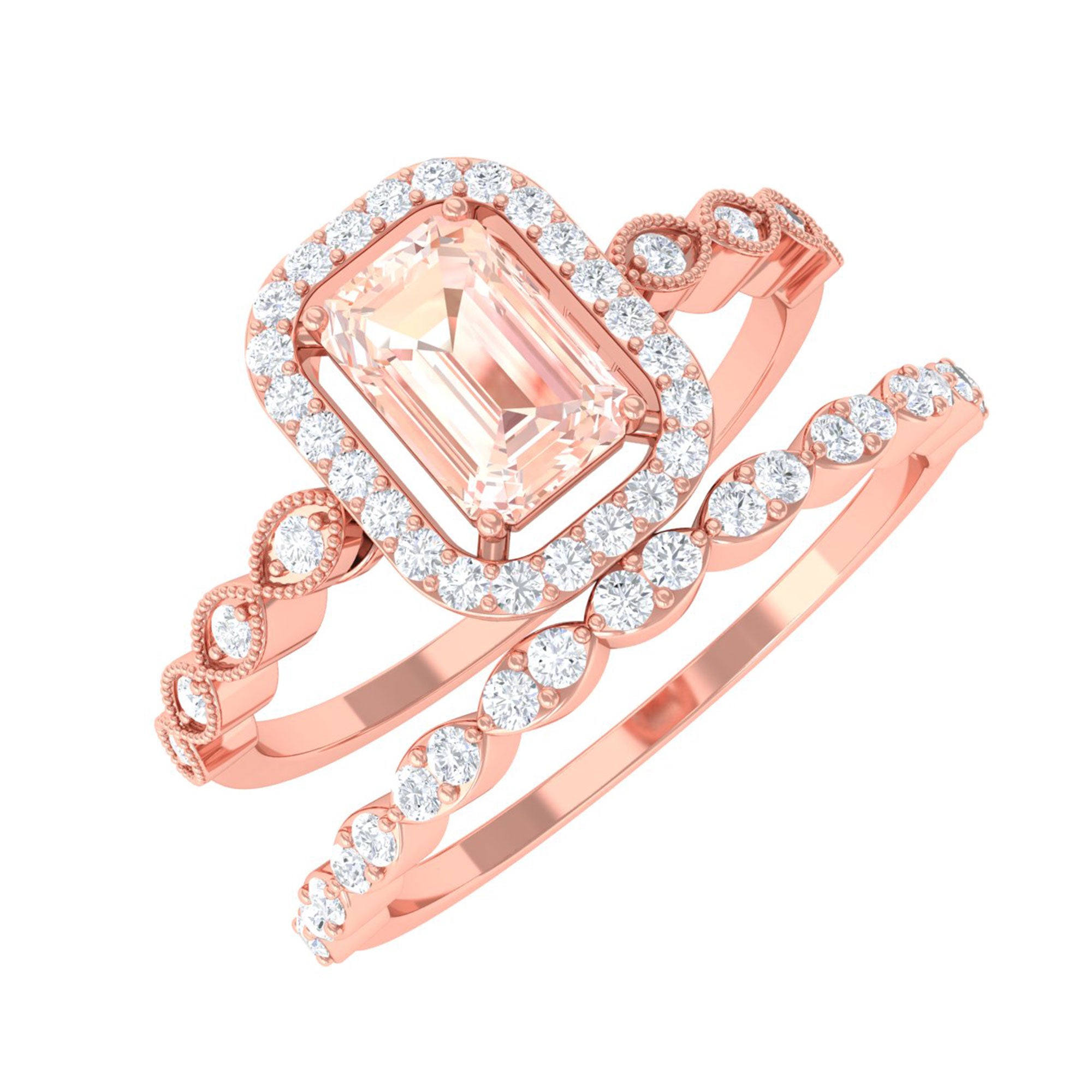 Rosec Jewels-Emerald Cut Morganite and Diamond Designer Ring Set