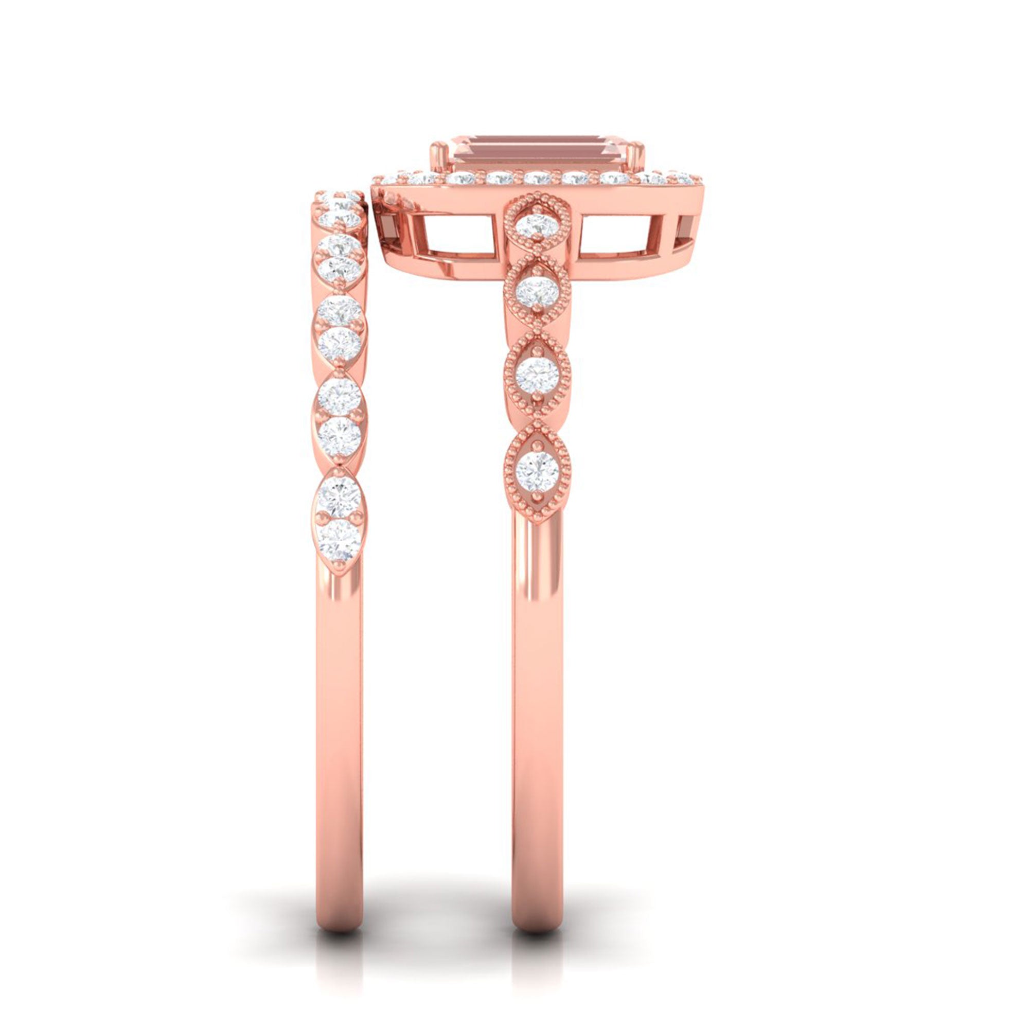 Rosec Jewels-Emerald Cut Morganite and Diamond Designer Ring Set