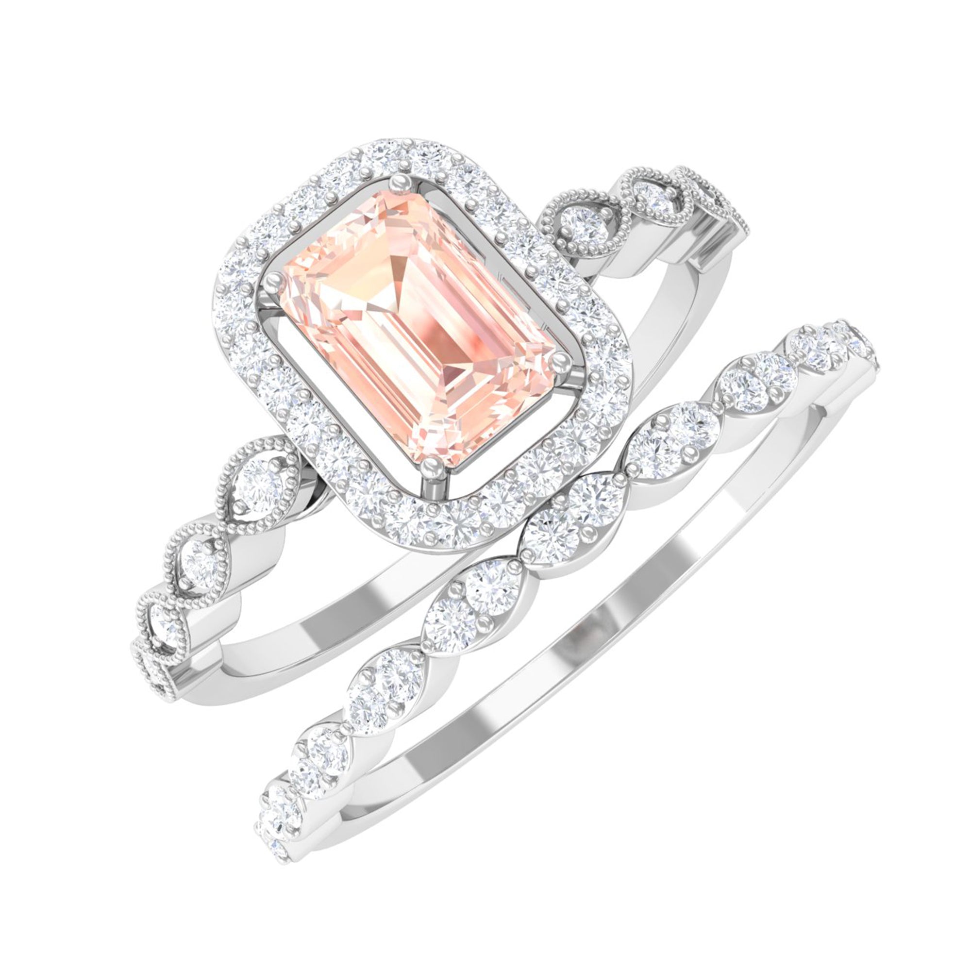 Rosec Jewels-Emerald Cut Morganite and Diamond Designer Ring Set