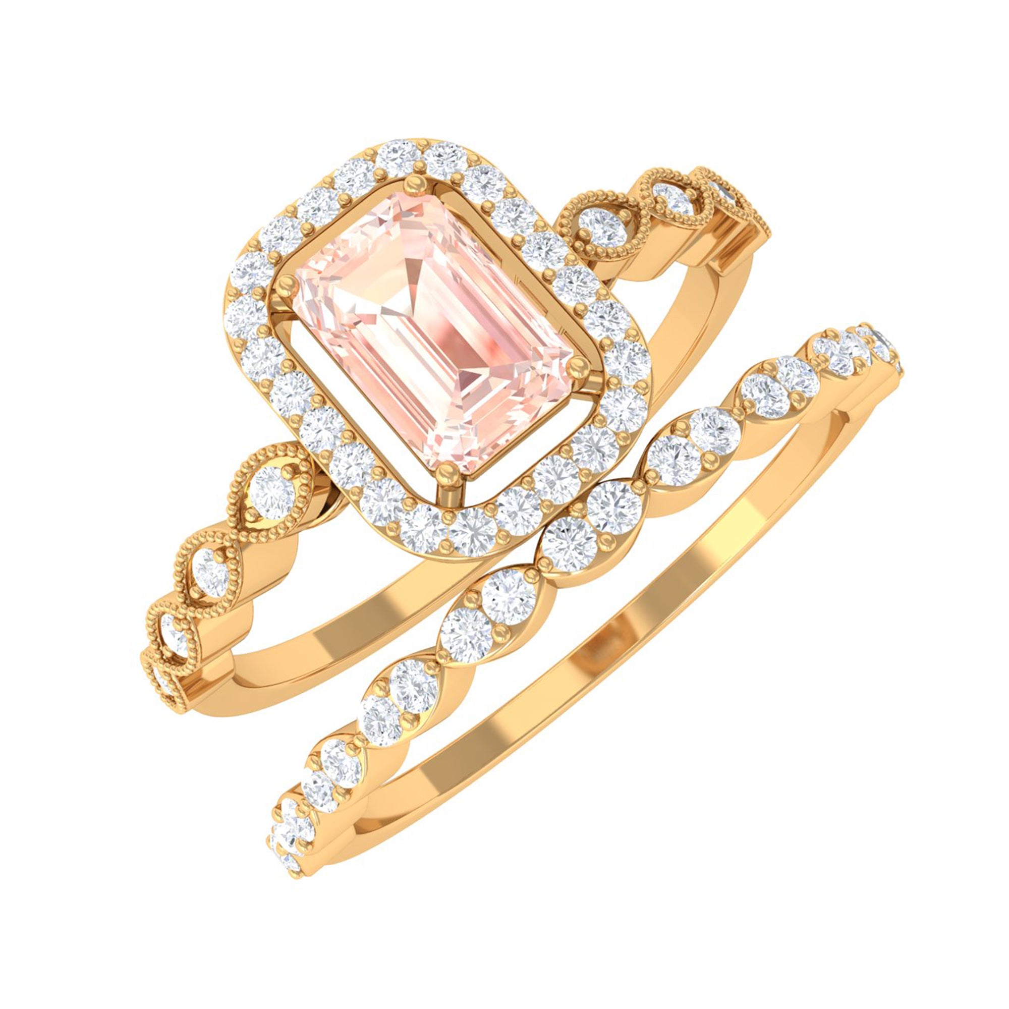 Rosec Jewels-Emerald Cut Morganite and Diamond Designer Ring Set