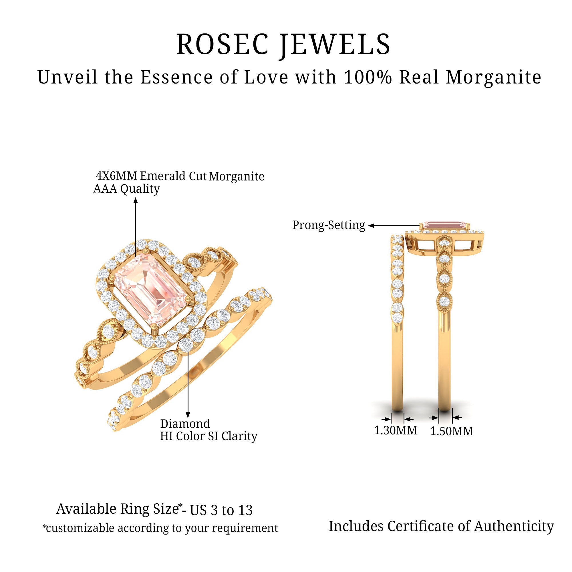 Rosec Jewels-Emerald Cut Morganite and Diamond Designer Ring Set