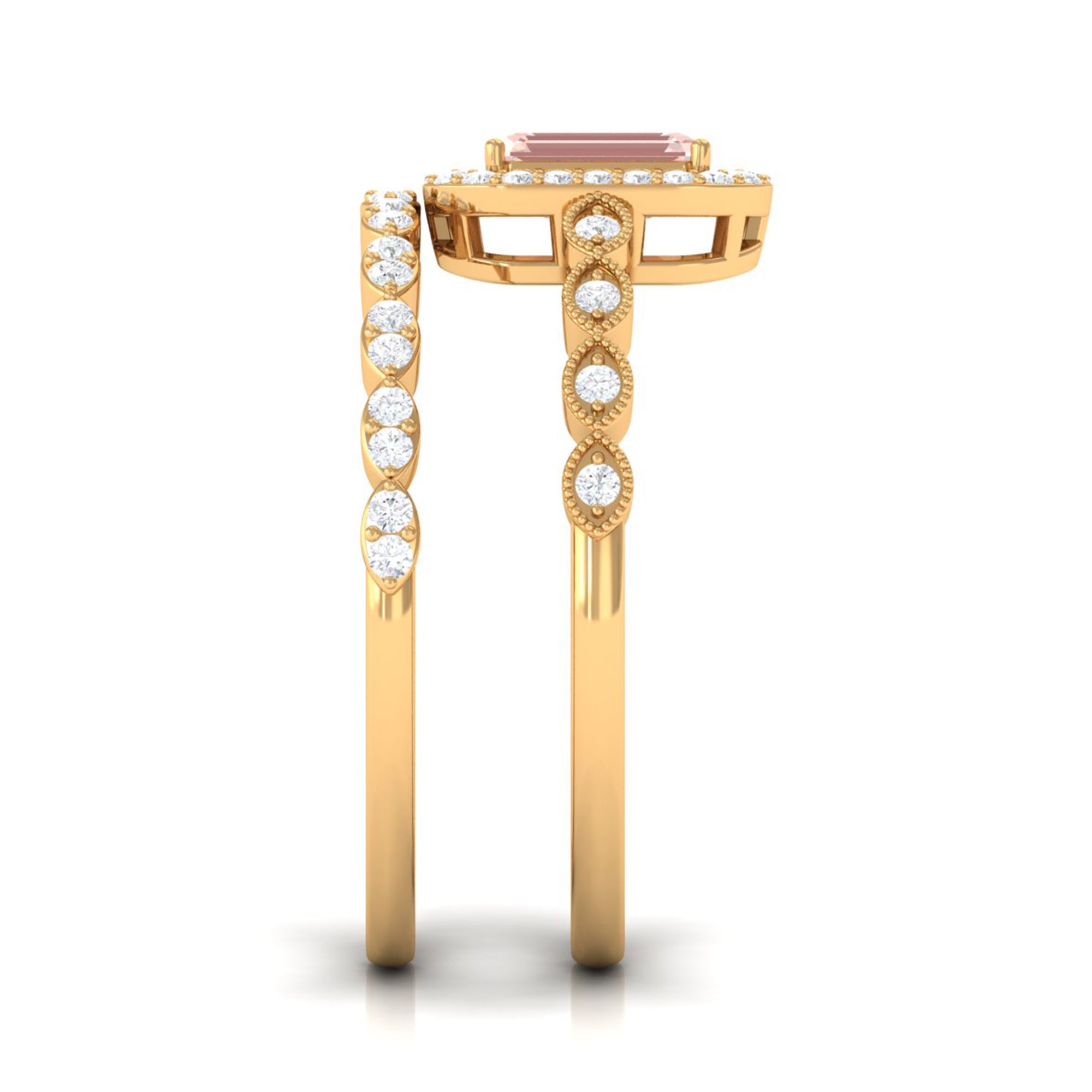 Rosec Jewels-Emerald Cut Morganite and Diamond Designer Ring Set