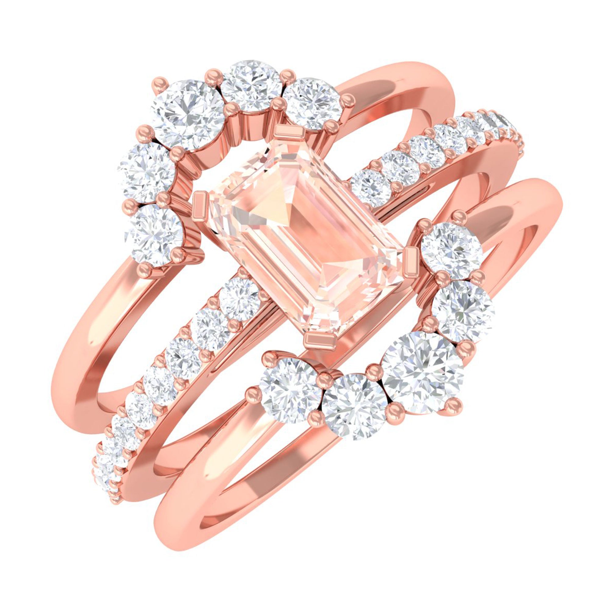 Rosec Jewels-Real Morganite Solitaire Trio Ring Set with Diamond