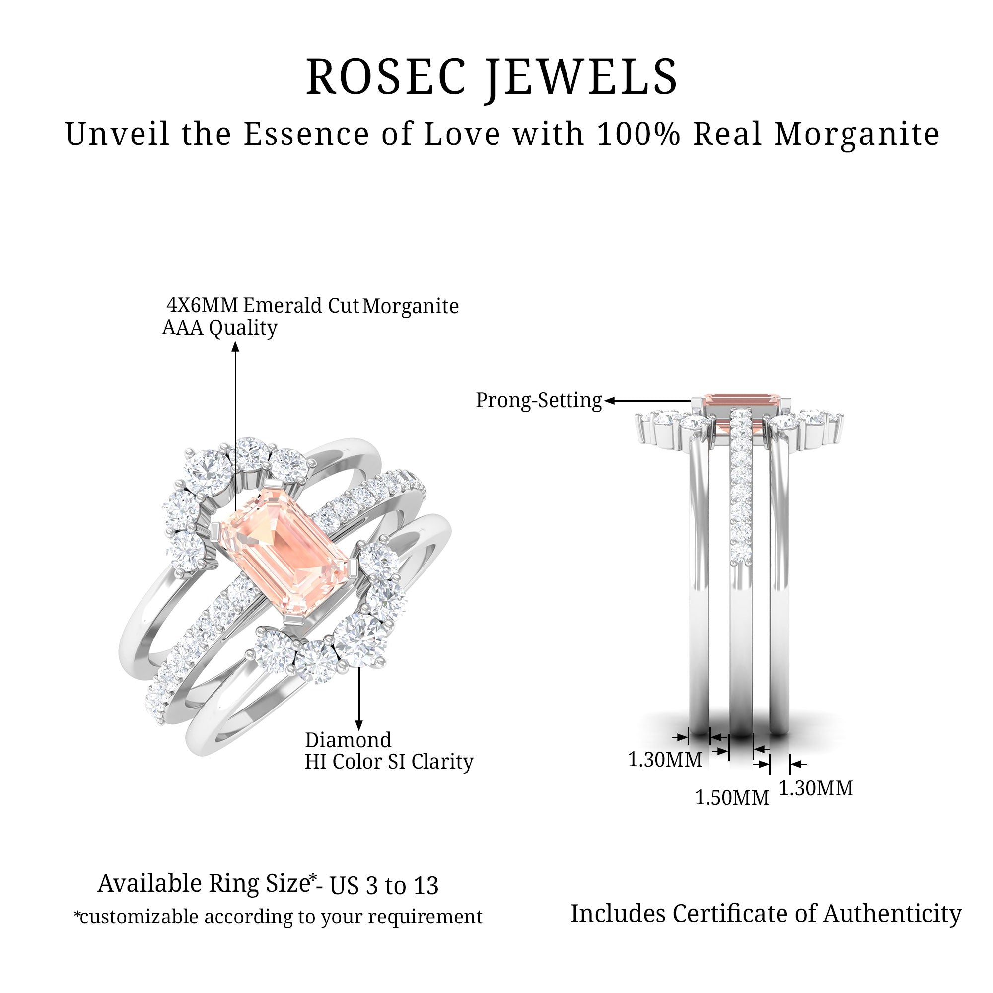 Rosec Jewels-Real Morganite Solitaire Trio Ring Set with Diamond