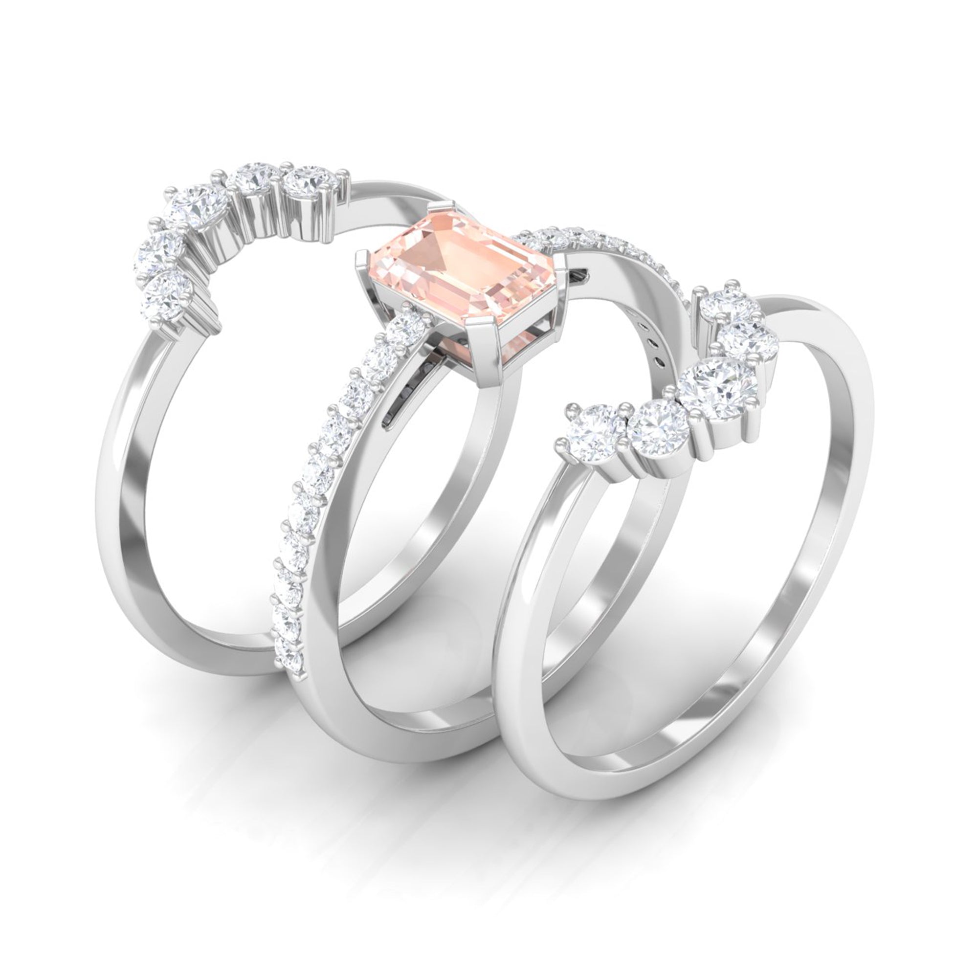 Rosec Jewels-Real Morganite Solitaire Trio Ring Set with Diamond