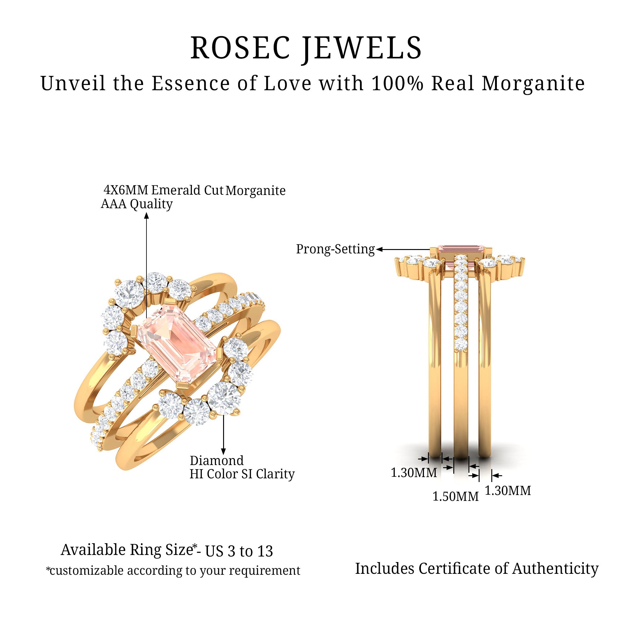 Rosec Jewels-Real Morganite Solitaire Trio Ring Set with Diamond