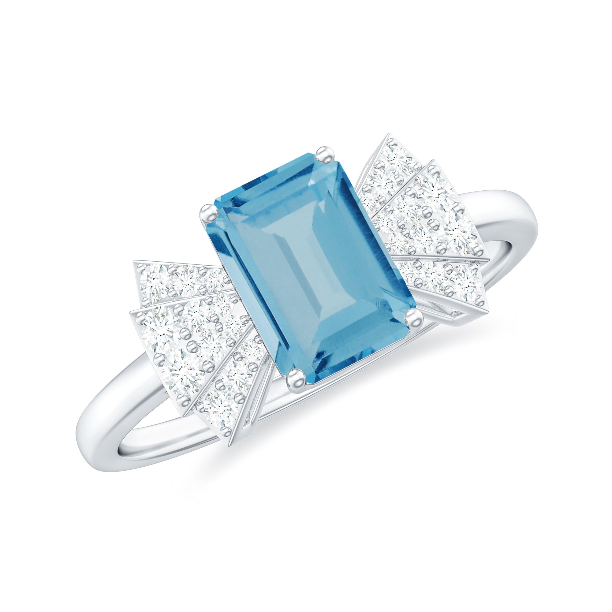 Rosec Jewels-Emerald Cut Swiss Blue Topaz Solitaire Ring with Diamond