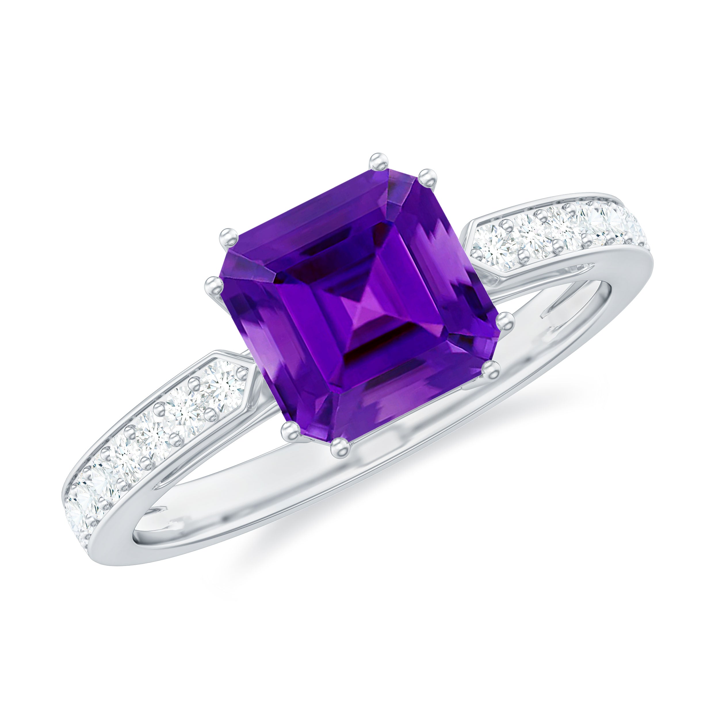 Rosec Jewels-Asscher Cut Amethyst Solitaire Ring with Diamond Side Stones