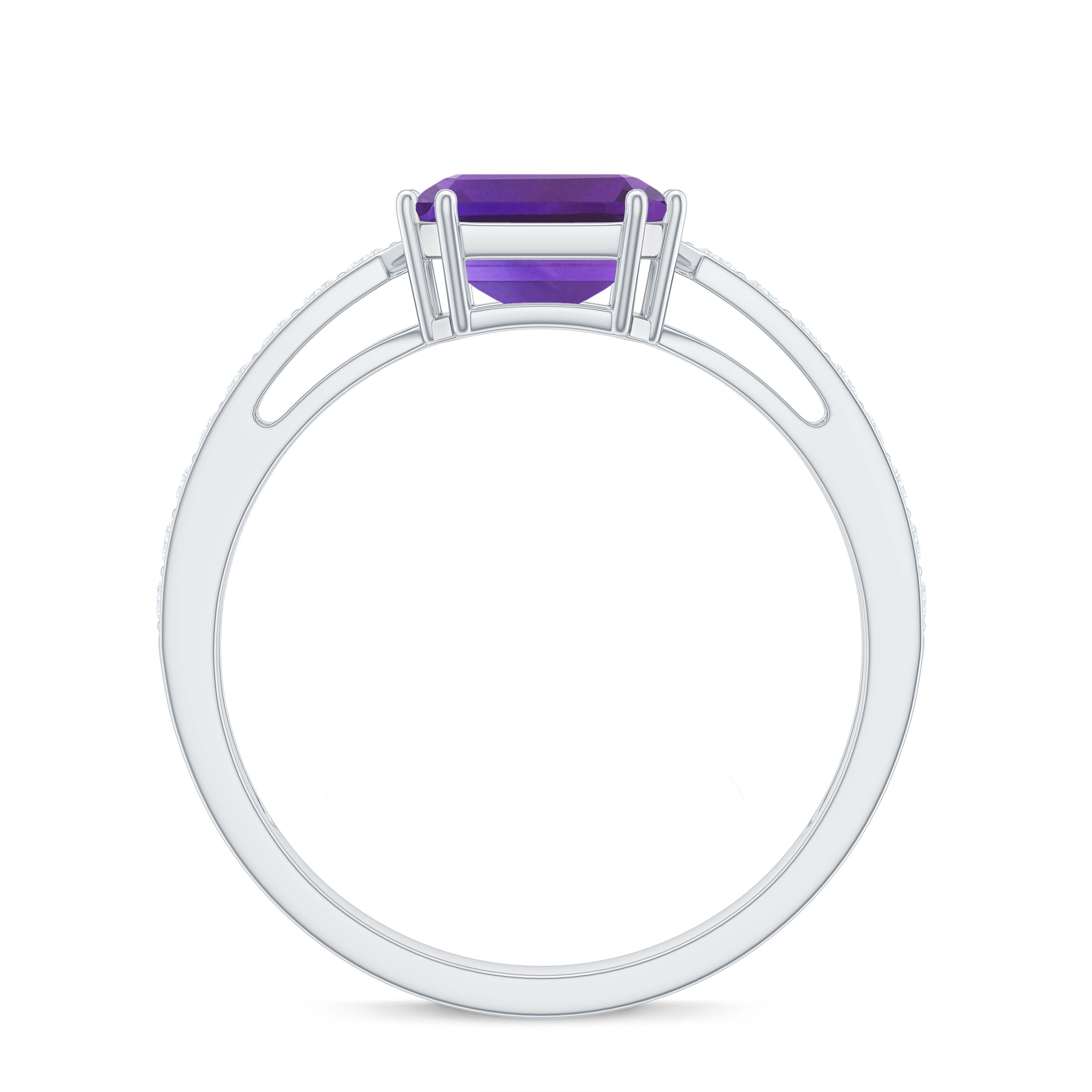 Rosec Jewels-Asscher Cut Amethyst Solitaire Ring with Diamond Side Stones